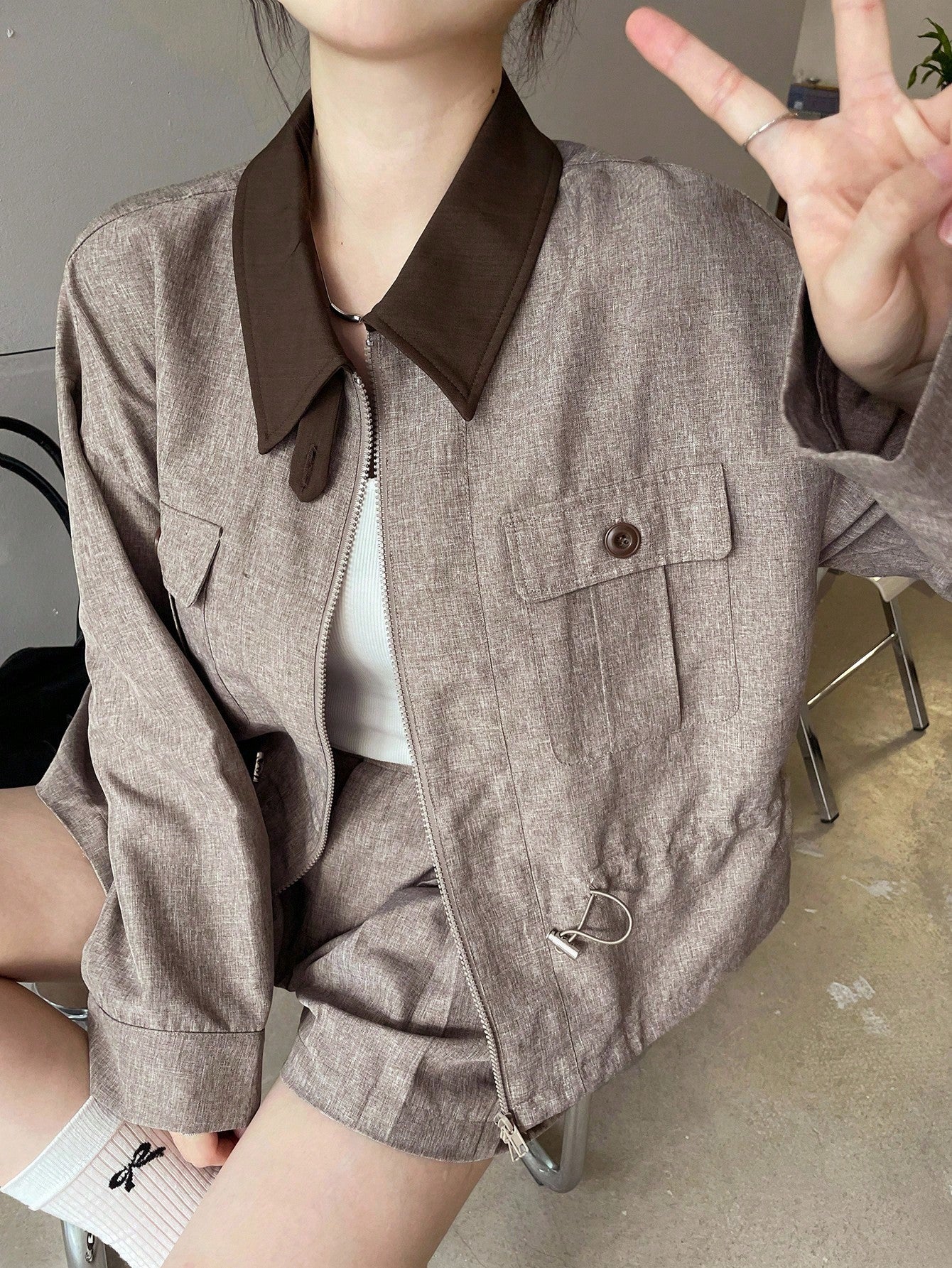 CM-SS137819 Women Casual Seoul Style Collar Neckline Long Sleeve Jacket With Pleated A-Line Skirt - Set