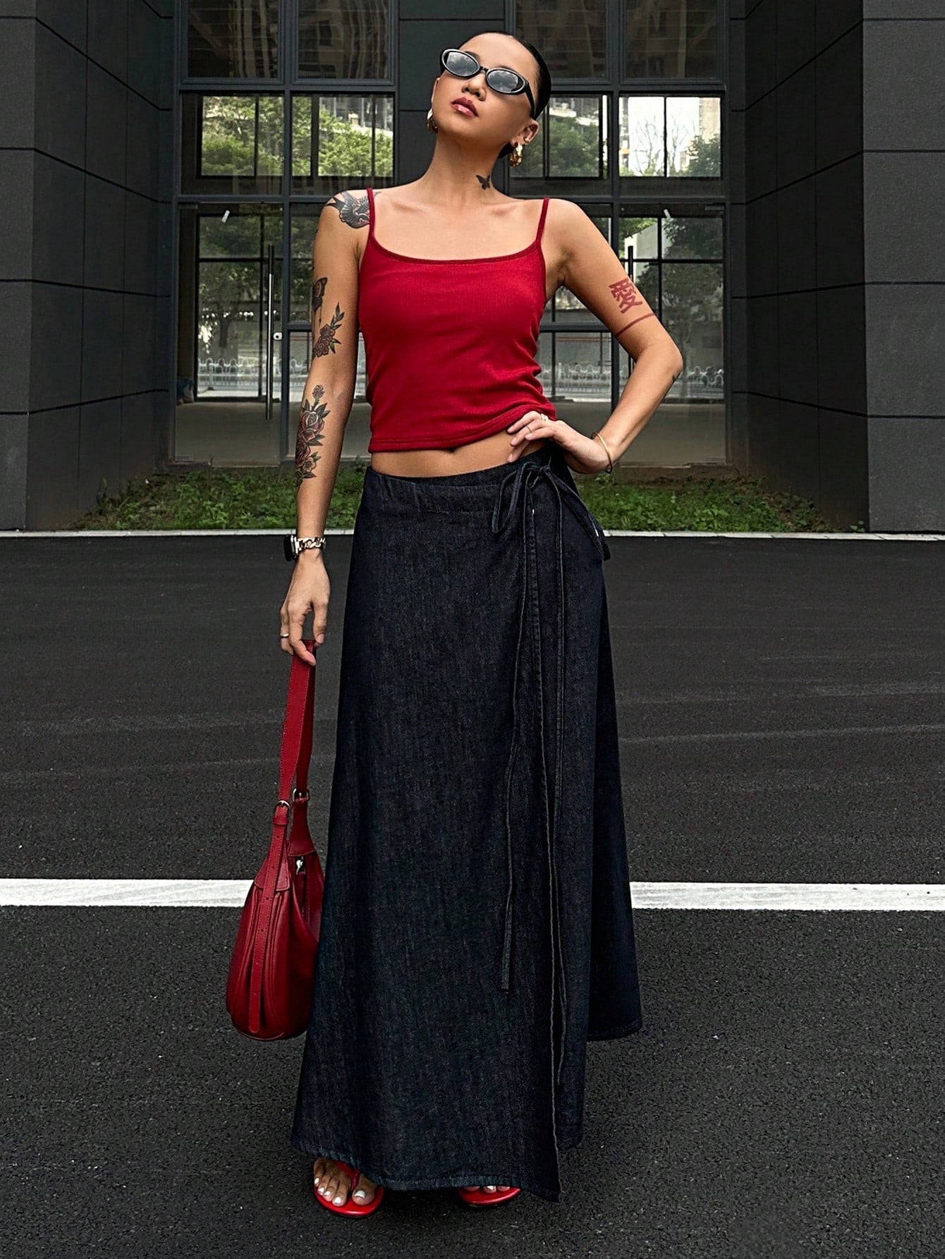 CM-BS327432 Women Casual Seoul Style Mid Waist Wrap Around Tie Knot Maxi Denim Skirt - Blue
