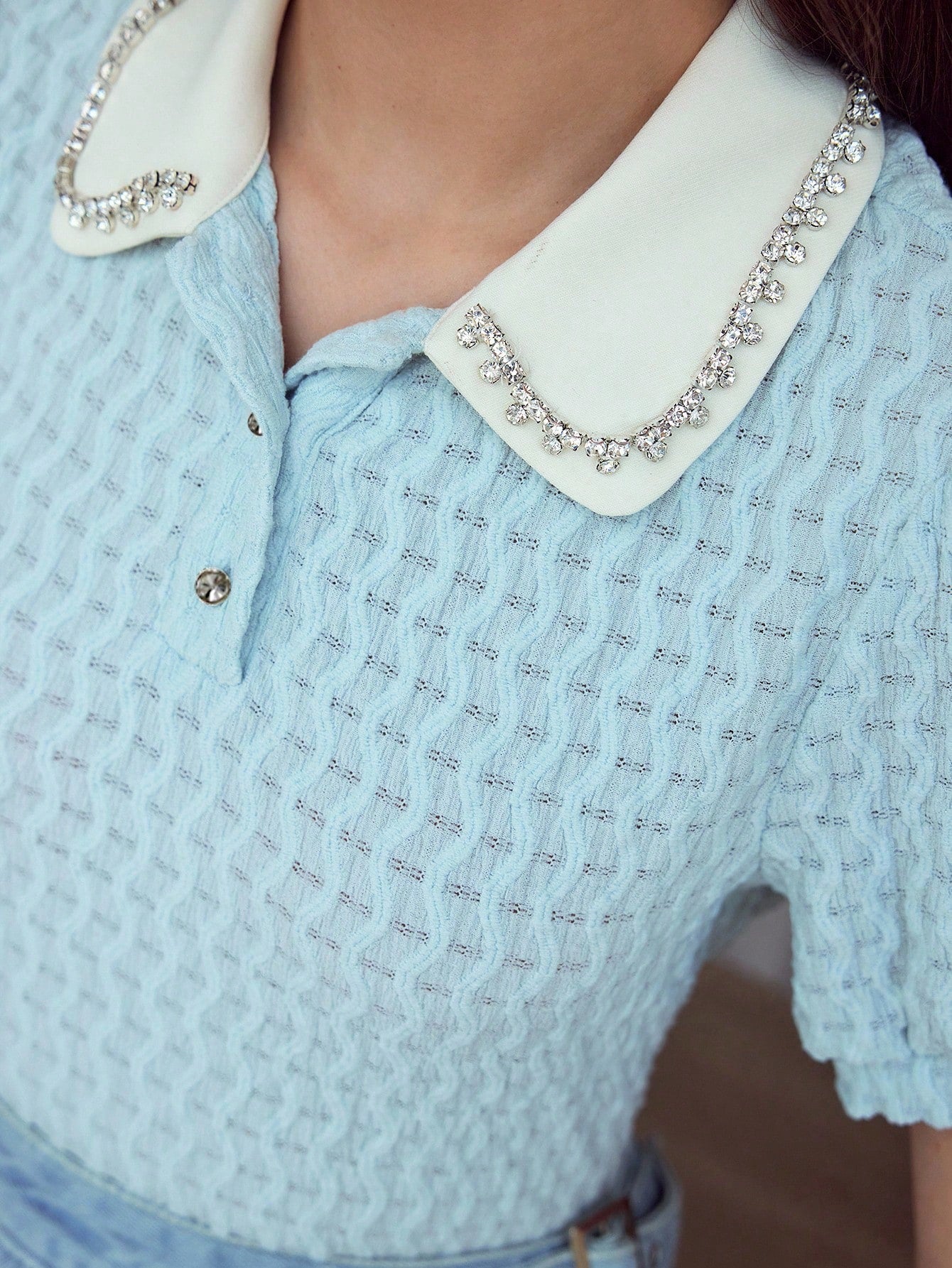 CM-TS356437 Women Casual Seoul Style Textured Rhinestone Detail Collar Neckline Short Sleeve T-Shirt - Baby Blue