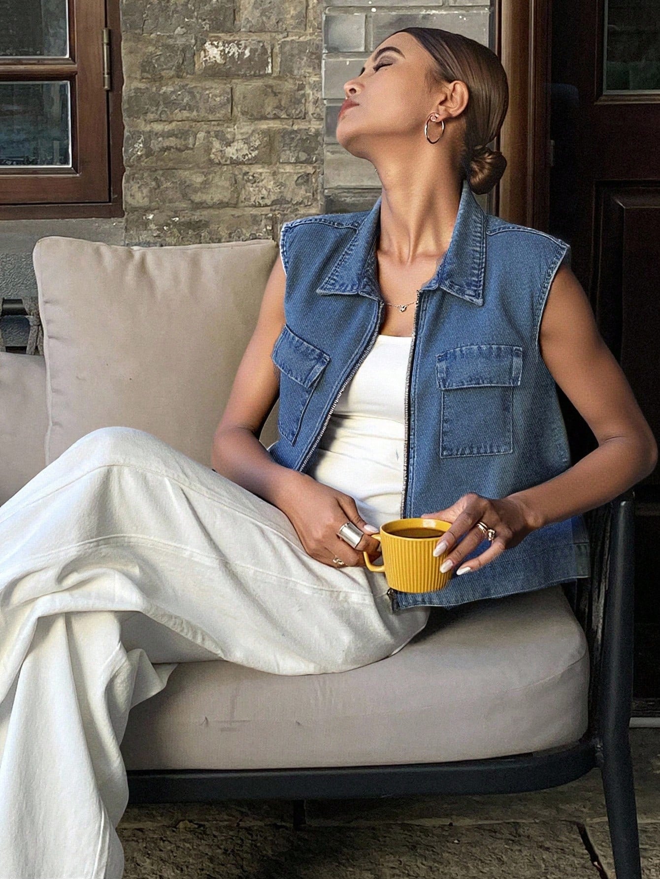CM-CS738244 Women Casual Seoul Style Collar Neckline Sleeveless Loose Denim Vest - Blue