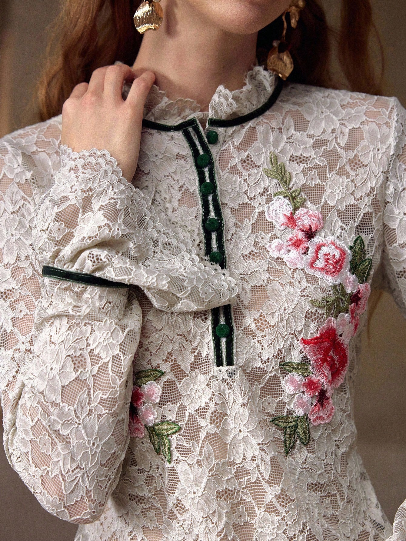CM-TS535103 Women Elegant Seoul Style Embroidery Floral Appliques Flare Sleeve Contrast Lace Semi-Sheer Blouse