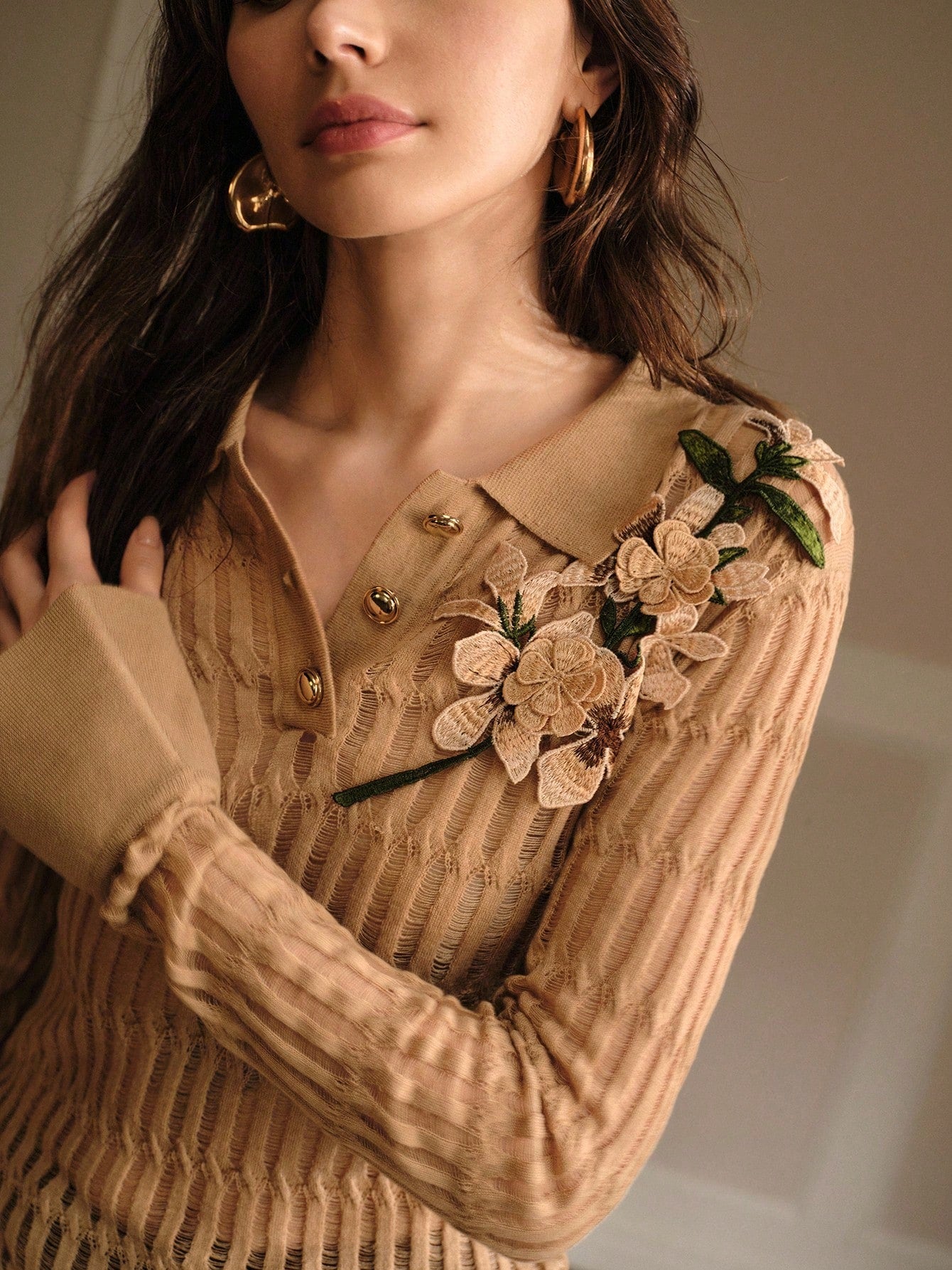 CM-CS898919 Women Elegant Seoul Style Appliques Polo Collar Long Sleeve Slim Fit Knit Sweater - Khaki