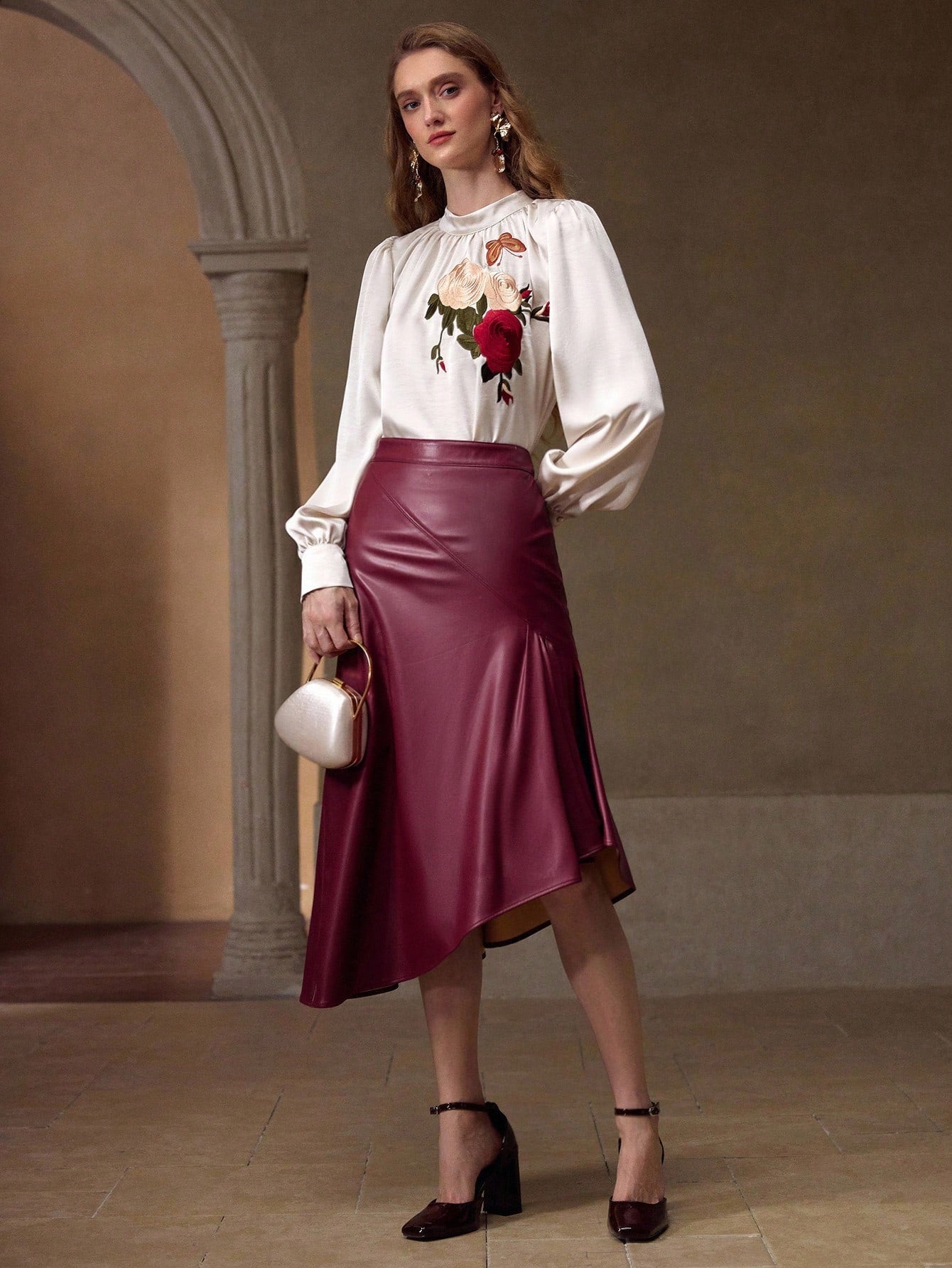 CM-TS874874 Women Elegant Seoul Style Stand Collar Long Sleeve Embroidery Floral Butterfly Gathered Blouse