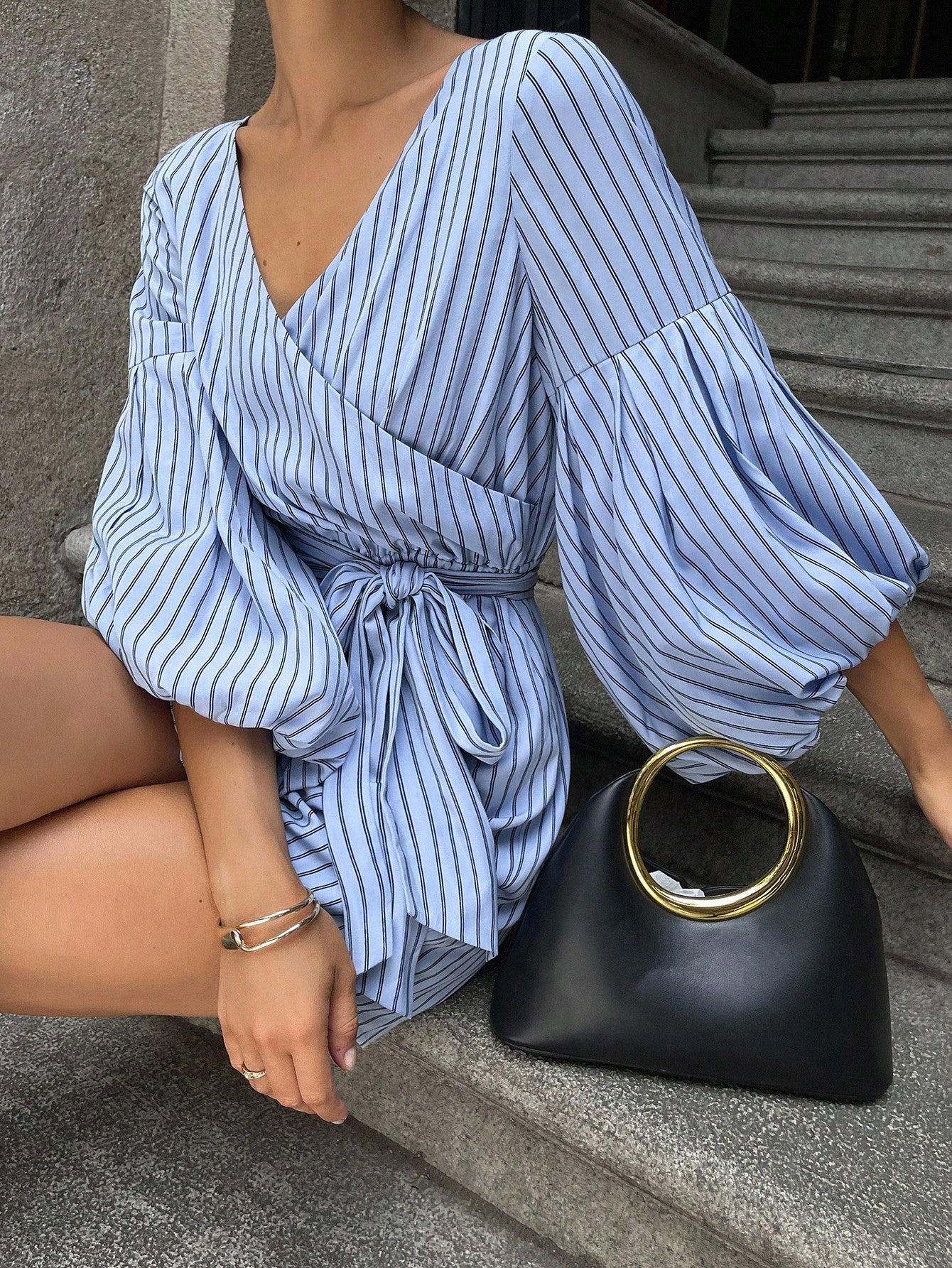 CM-JS496286 Women Casual Seoul Style Striped V-Neck Loose Lantern Sleeve TieWaist Bow Romper