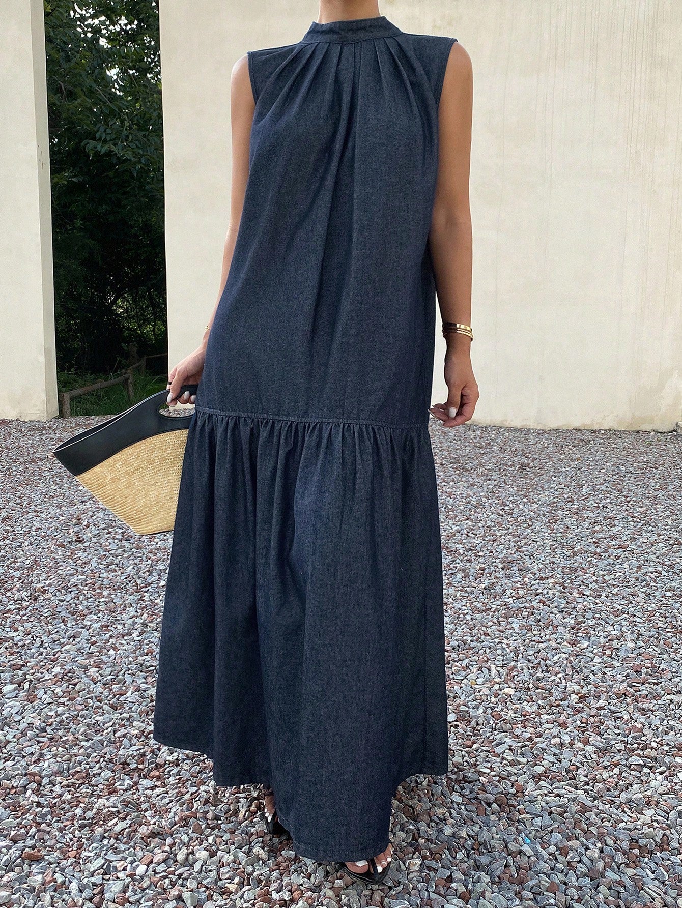 CM-DS225883 Women Casual Seoul Style Halter Neck Sleeveless Denim Skater Dress - Blue