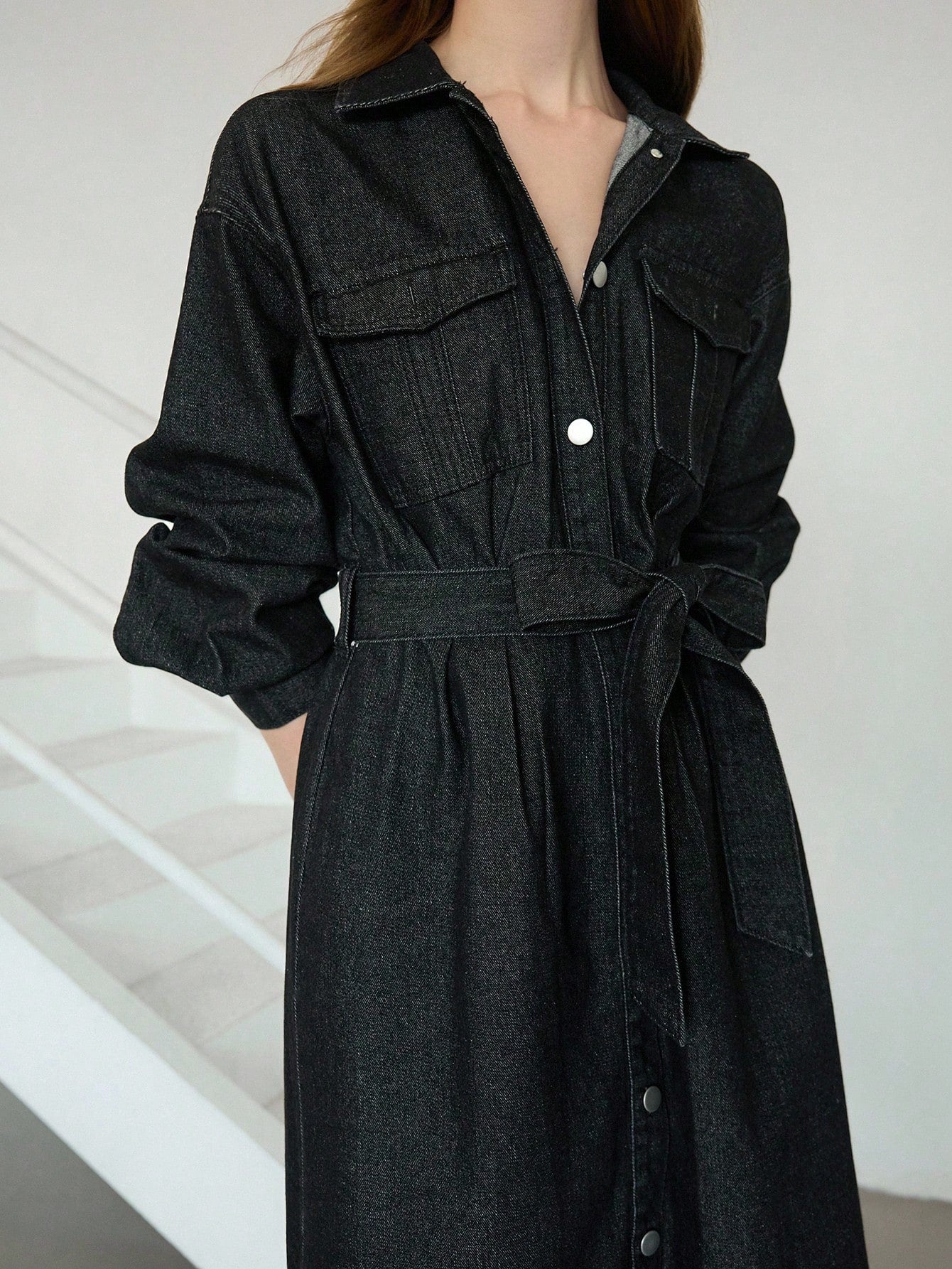 CM-DS505252 Women Casual Seoul Style Collar Neckline Long Sleeve Drawstring Cinched Waist Belted Shirt Dress - Black