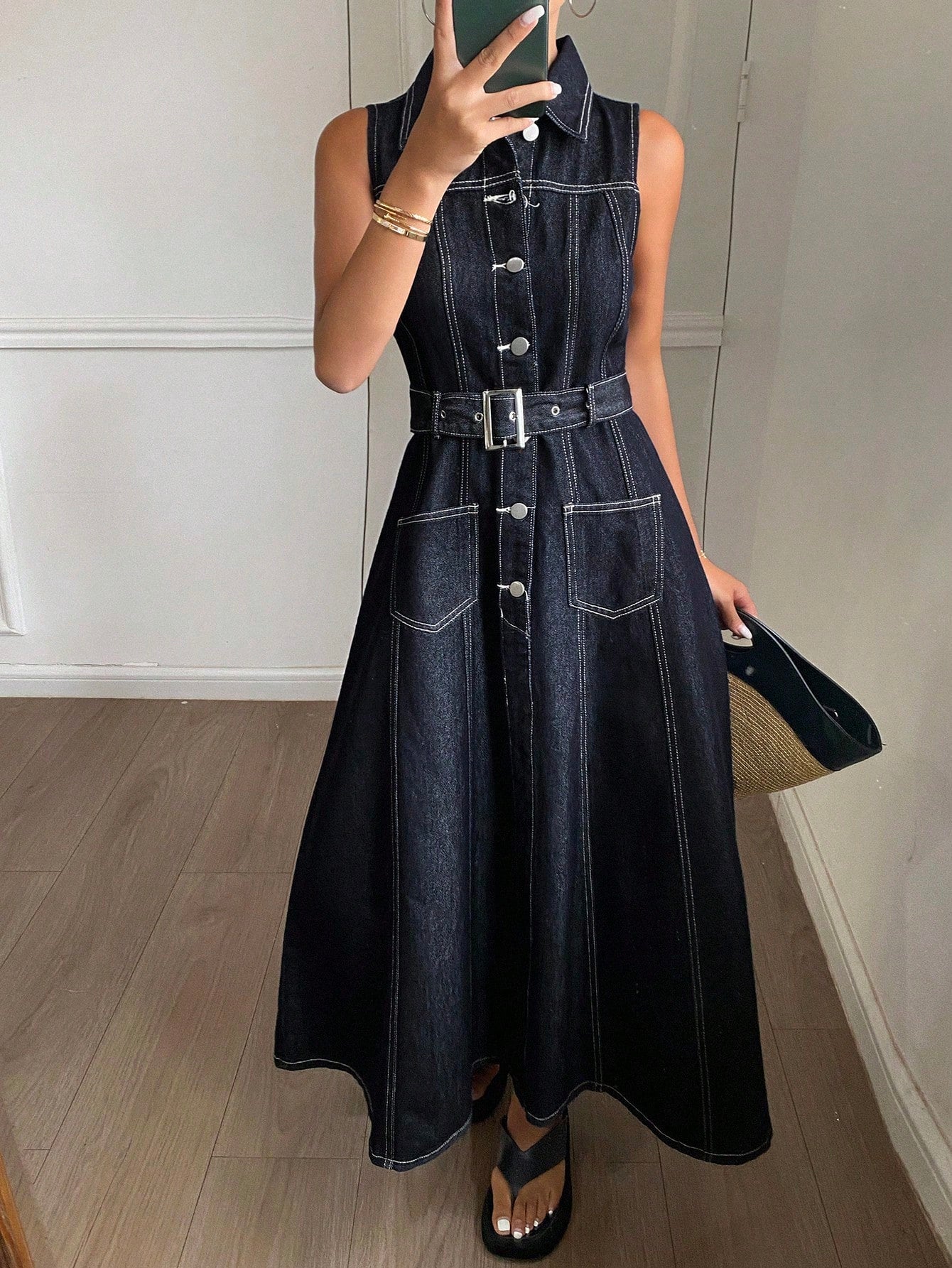 CM-DS564229 Women Casual Seoul Style Collar Neckline Sleeveless Cinched Waist A-Line Denim Dress - Blue