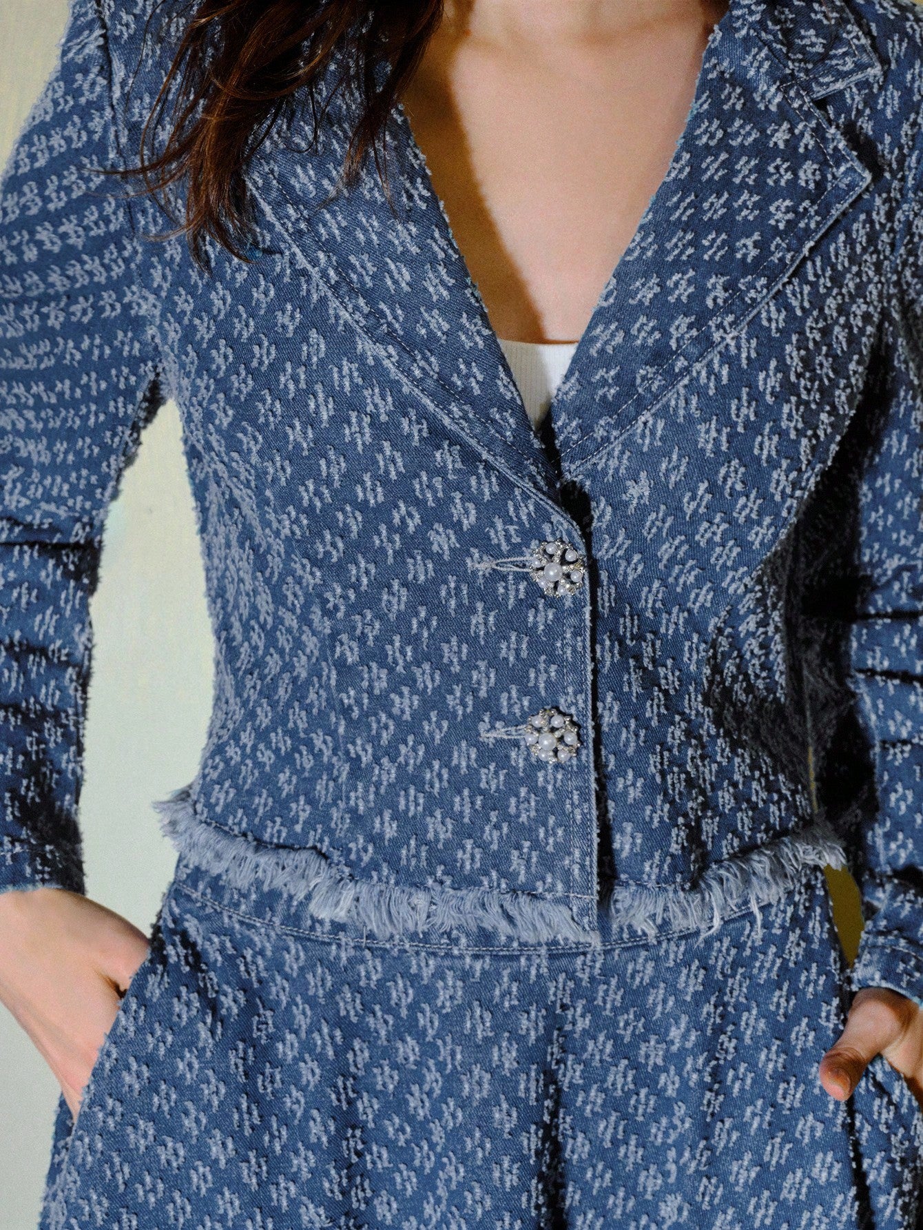 CM-SS341667 Women Elegant Seoul Style Lapel Collar Raw Edge Jacquard Denim Jacket With Maxi Skirt - Set