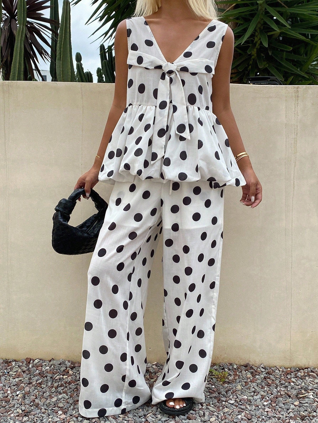 CM-SS533233 Women Trendy Bohemian Style Polka Dot V-Neck Sleeveless Loose Camisole With Long Pants - Set
