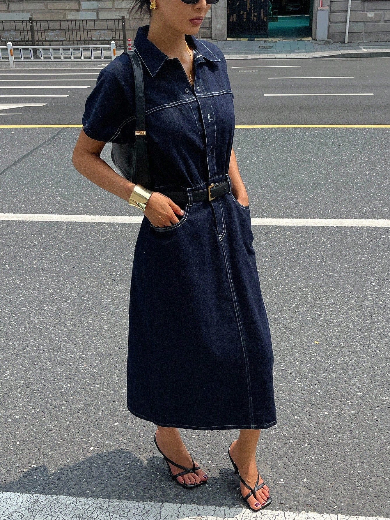 CM-DS113444 Women Casual Seoul Style Dark Wash Collar Neckline Half Sleeve Cinched Waist Midi Denim Dress