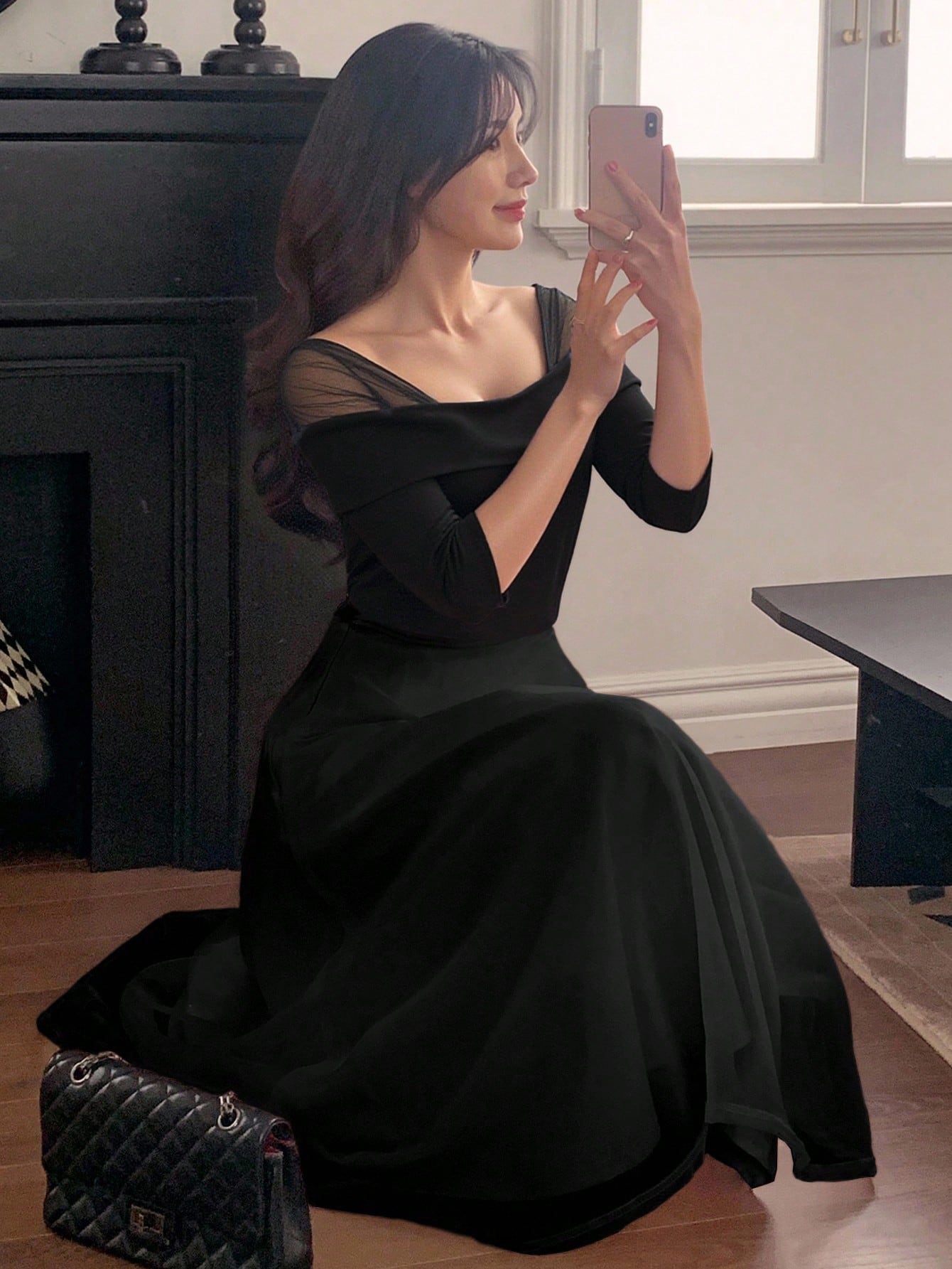 CM-DS813031 Women Elegant Seoul Style Off Shoulder Half Sleeve Mid-Length Flared Dress - Black