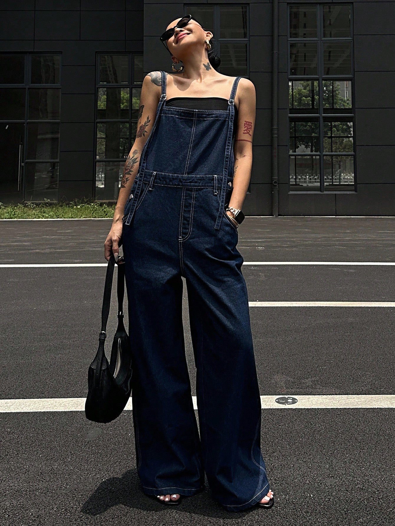CM-JS781612 Women Casual Seoul Style Straps Neckline Loose Fit Pocketed Wide Leg Casual Denim Jumpsuit - Blue