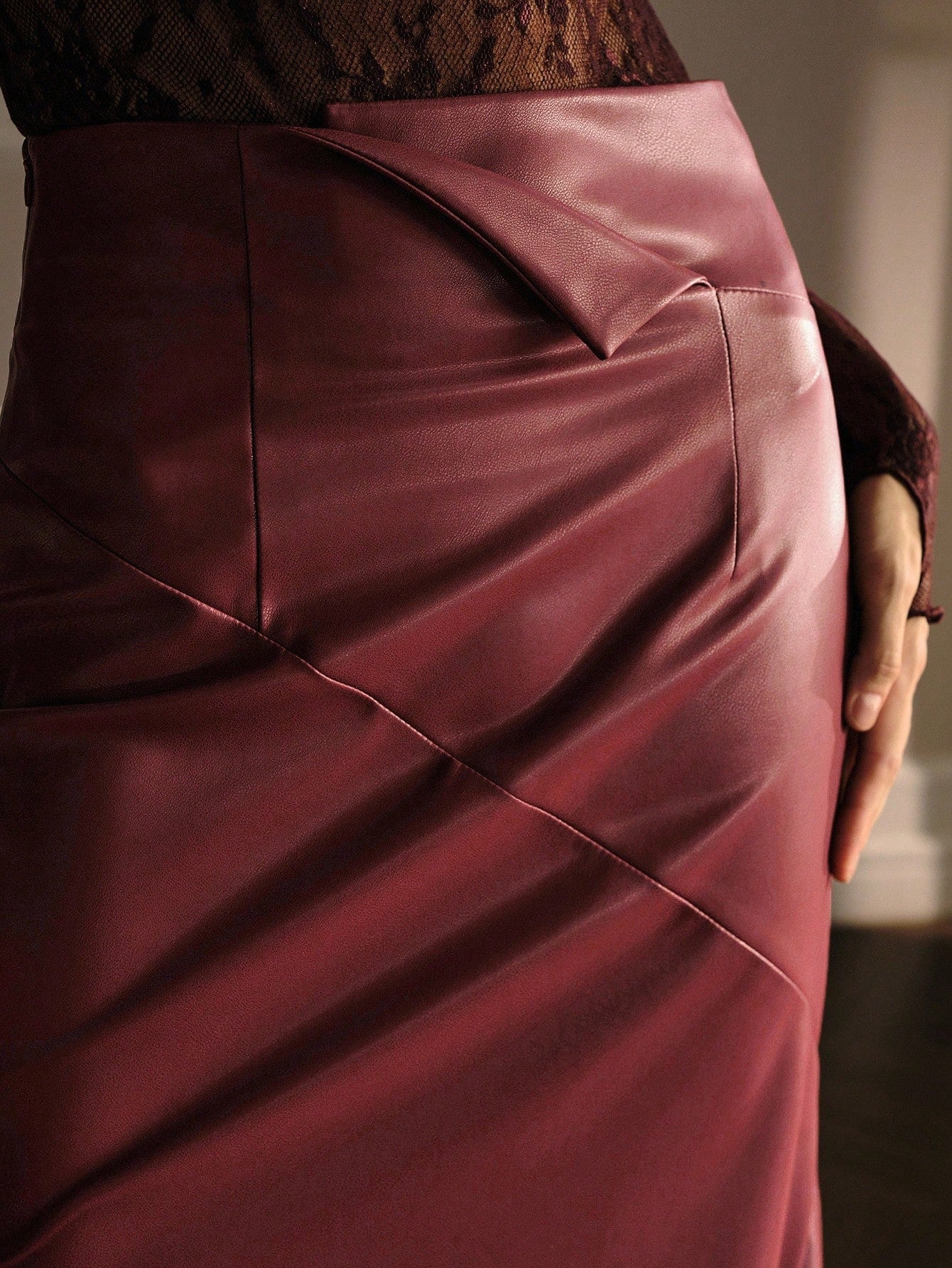 CM-BS644424 Women Elegant Seoul Style PU Leather Asymmetrical Mermaid Midi Skirt - Red