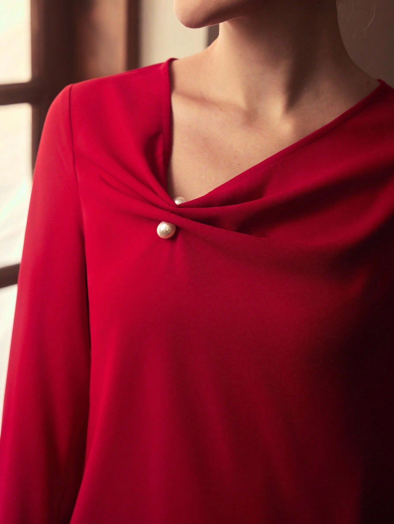 CM-TS618813 Women Elegant Seoul Style Asymmetric Decor Button Long Sleeve Blouse - Red