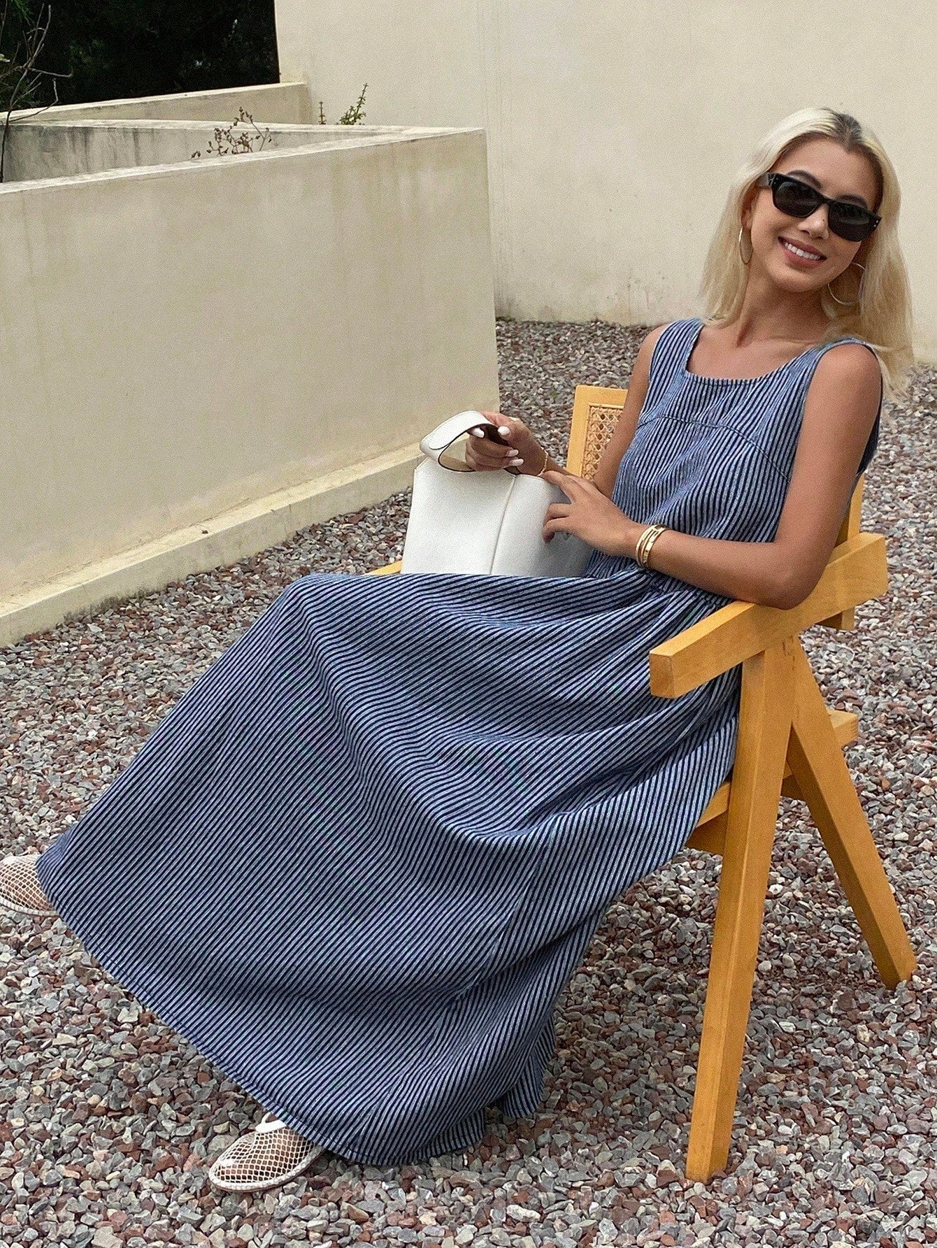 CM-DS114313 Women Casual Seoul Style Round Neck Sleeveless Loose Striped Denim Dress - Blue