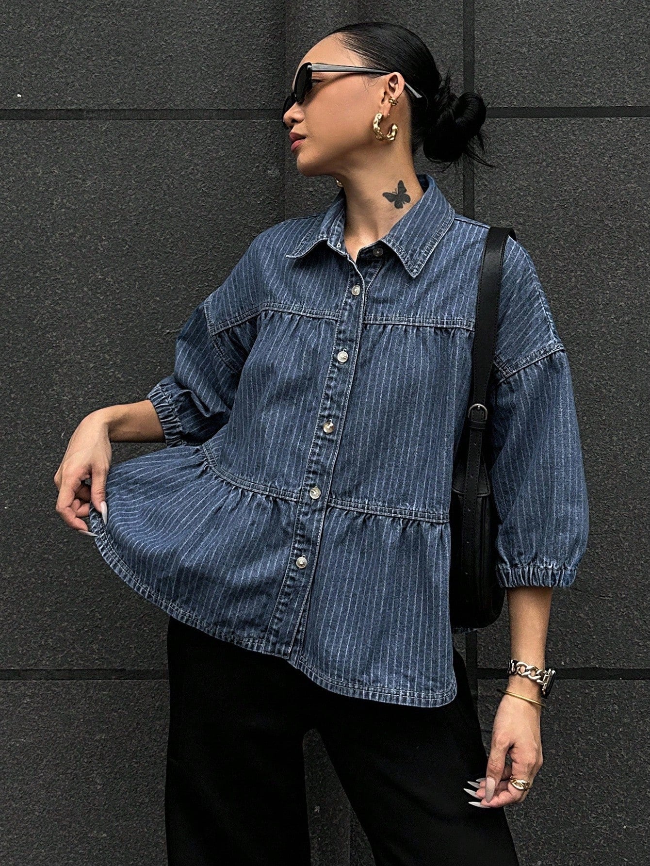 CM-TS115151 Women Casual Seoul Style Turndown Collar Puff Sleeve Loose Denim Blouse - Blue