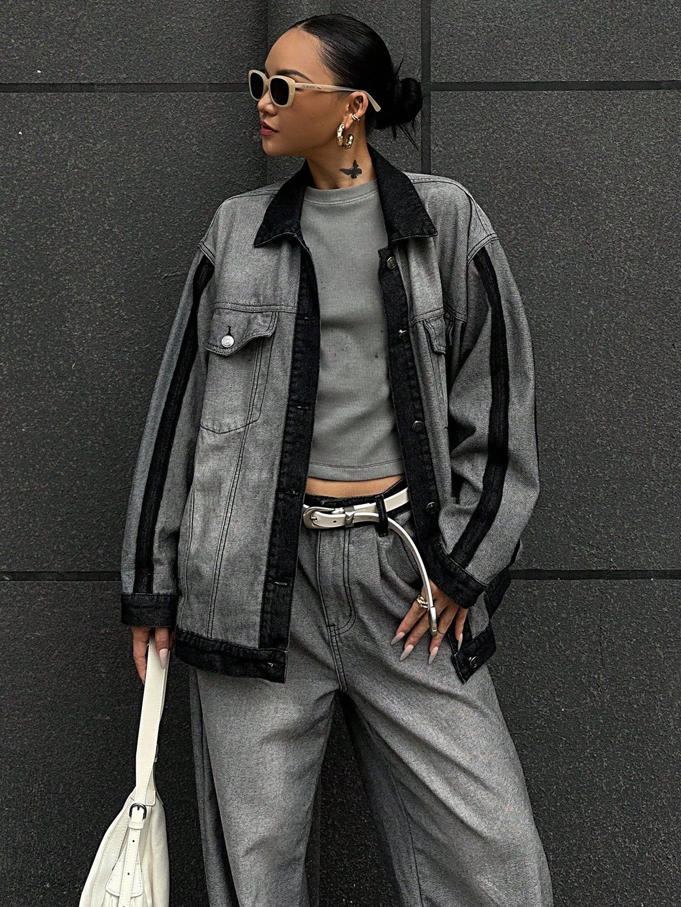 CM-SS906604 Women Elegant Seoul Style Collar Neckline Long Sleeve Contrast Color Jacket With Loose Fit Jeans - Set