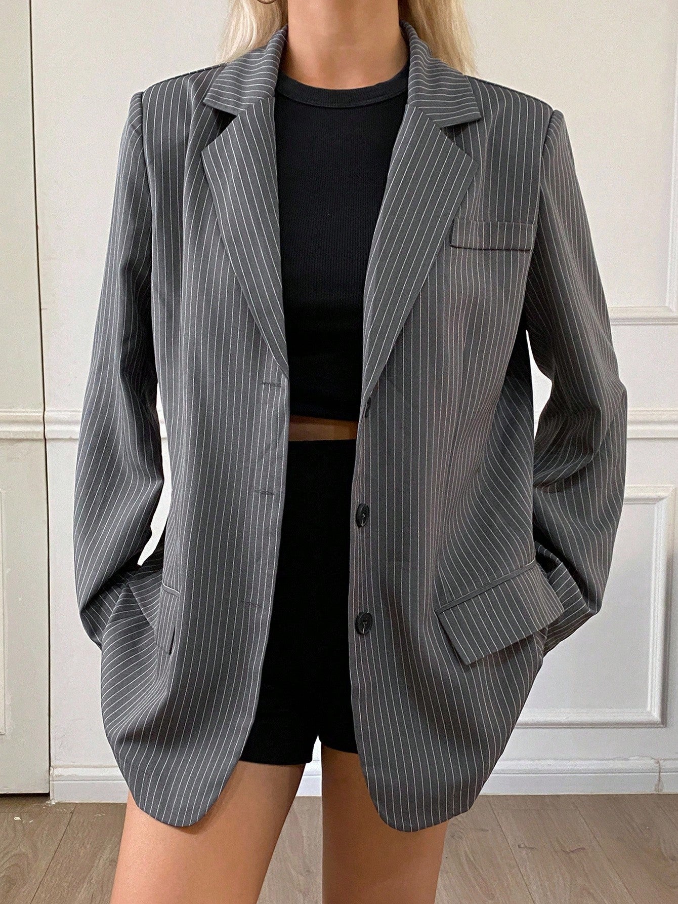 CM-CS606344 Women Casual Seoul Style V-Neck Long Sleeve Striped Loose Blazer - Dark Gray