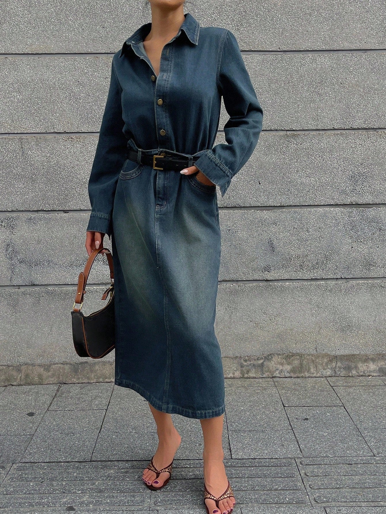 CM-DS807664 Women Casual Seoul Style Collar Neckline Long Sleeve Waist Cinched Slim Fit Bodycon Denim Dress - Blue