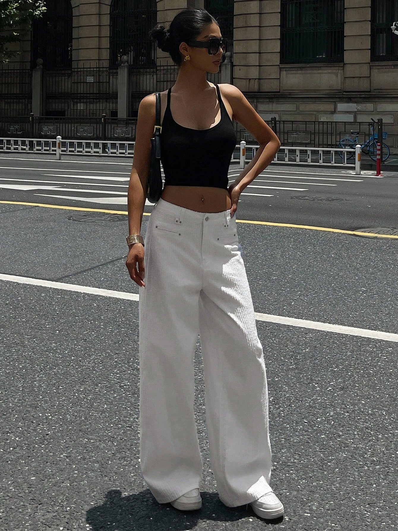 CM-BS383039 Women Casual Seoul Style High Waist Draped Staright Leg Jacquard Denim Jeans - White