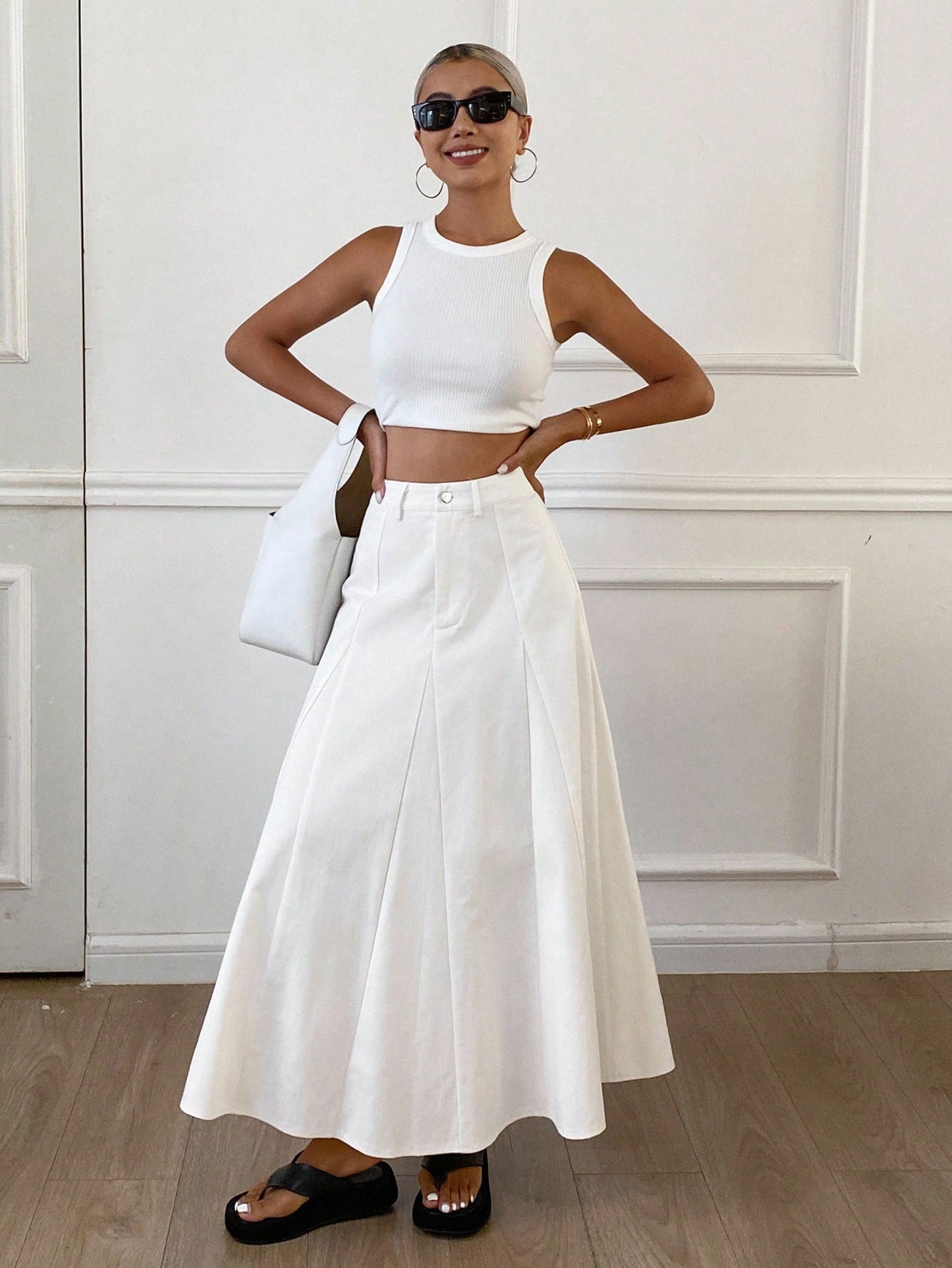 CM-BS626166 Women Casual Seoul Style Mid Waist Long A-Line Denim Skirt - White
