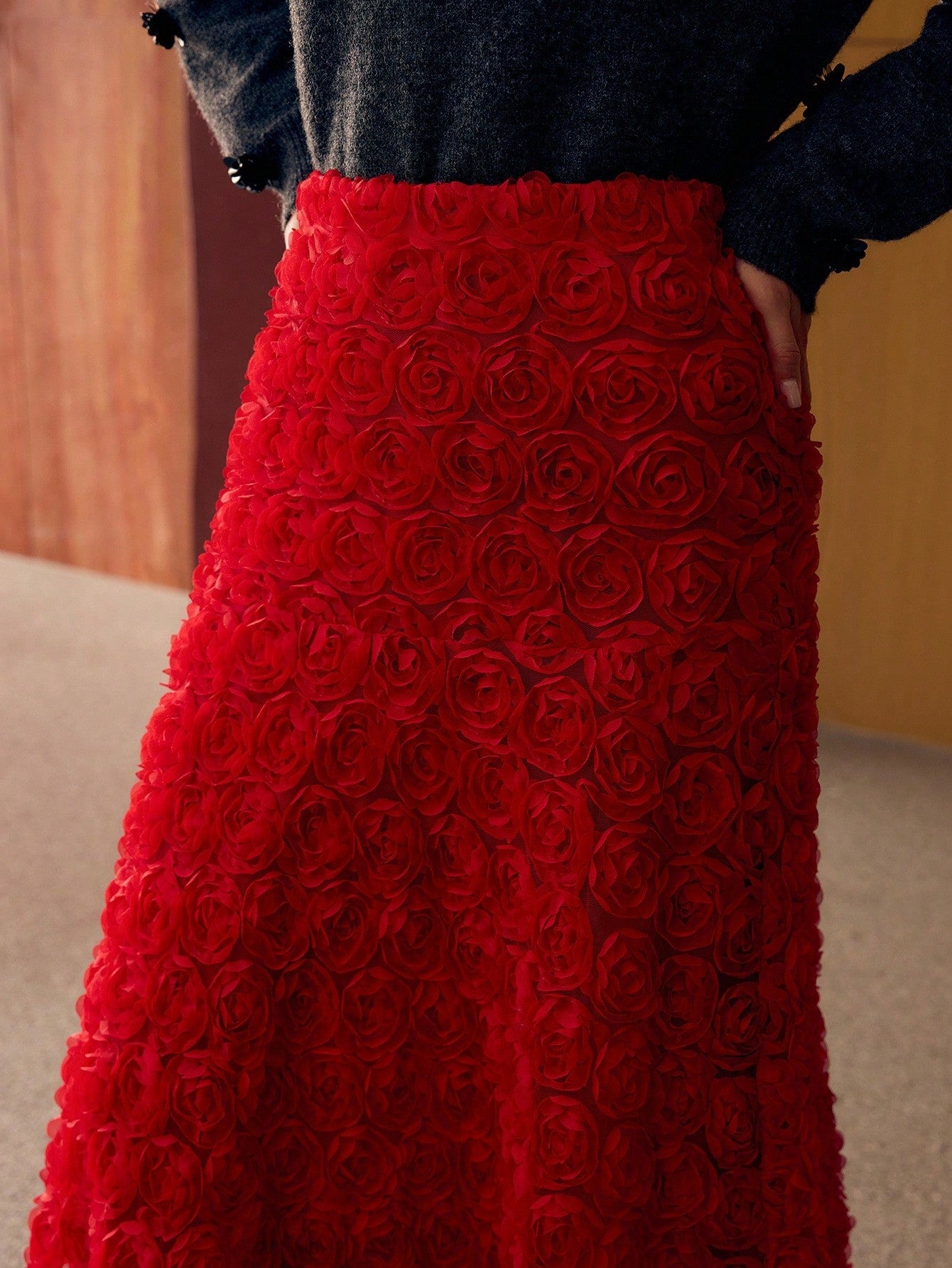CM-BS902511 Women Elegant Seoul Style Mid Waist Appliques Bias Cut Maxi Skirt - Red