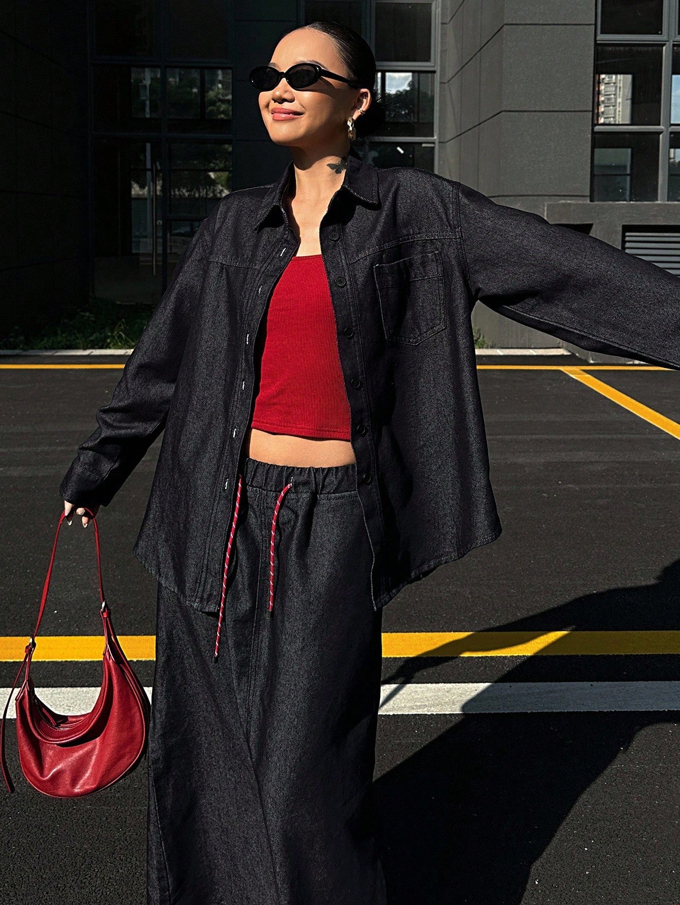 CM-SS484684 Women Casual Seoul Style Collar Neckline Long Sleeve Loose Top With Denim Skirt - Set