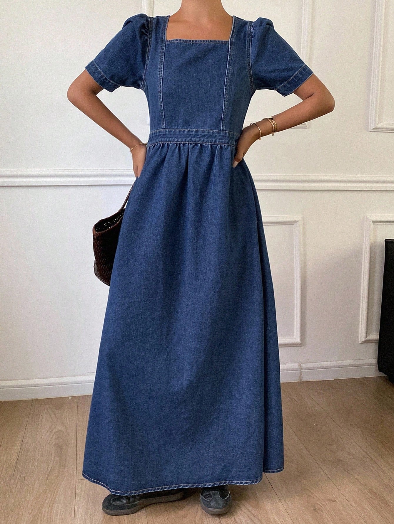CM-DS643574 Women Casual Seoul Style Solid Color Square Neck Puff Sleeve Pleated Denim Dress - Blue