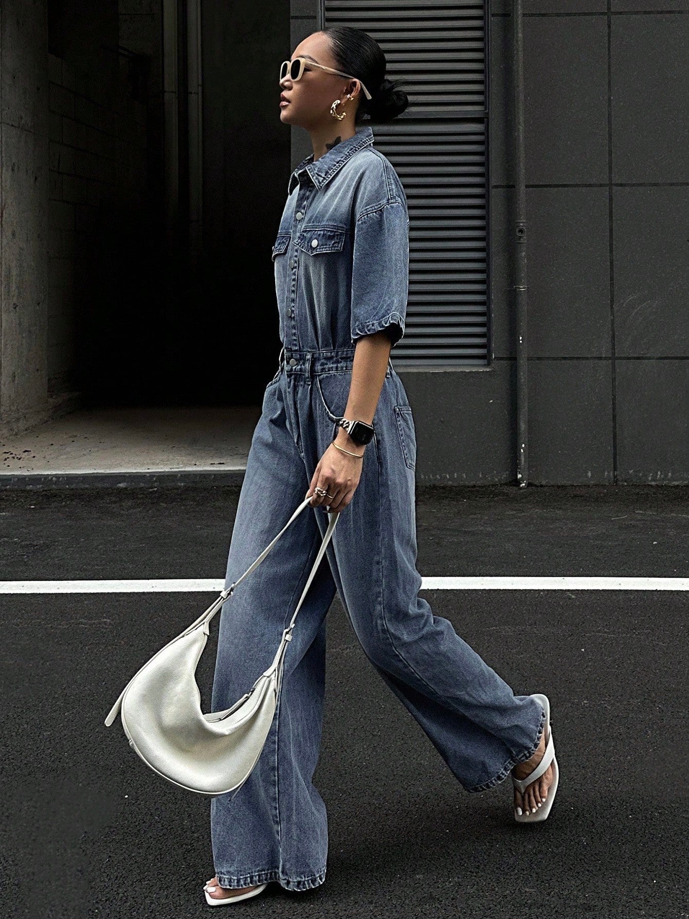 CM-JS053888 Women Casual Seoul Style Light Wash Collar Neckline Short Sleeve High Waist Loose Denim Jumpsuit