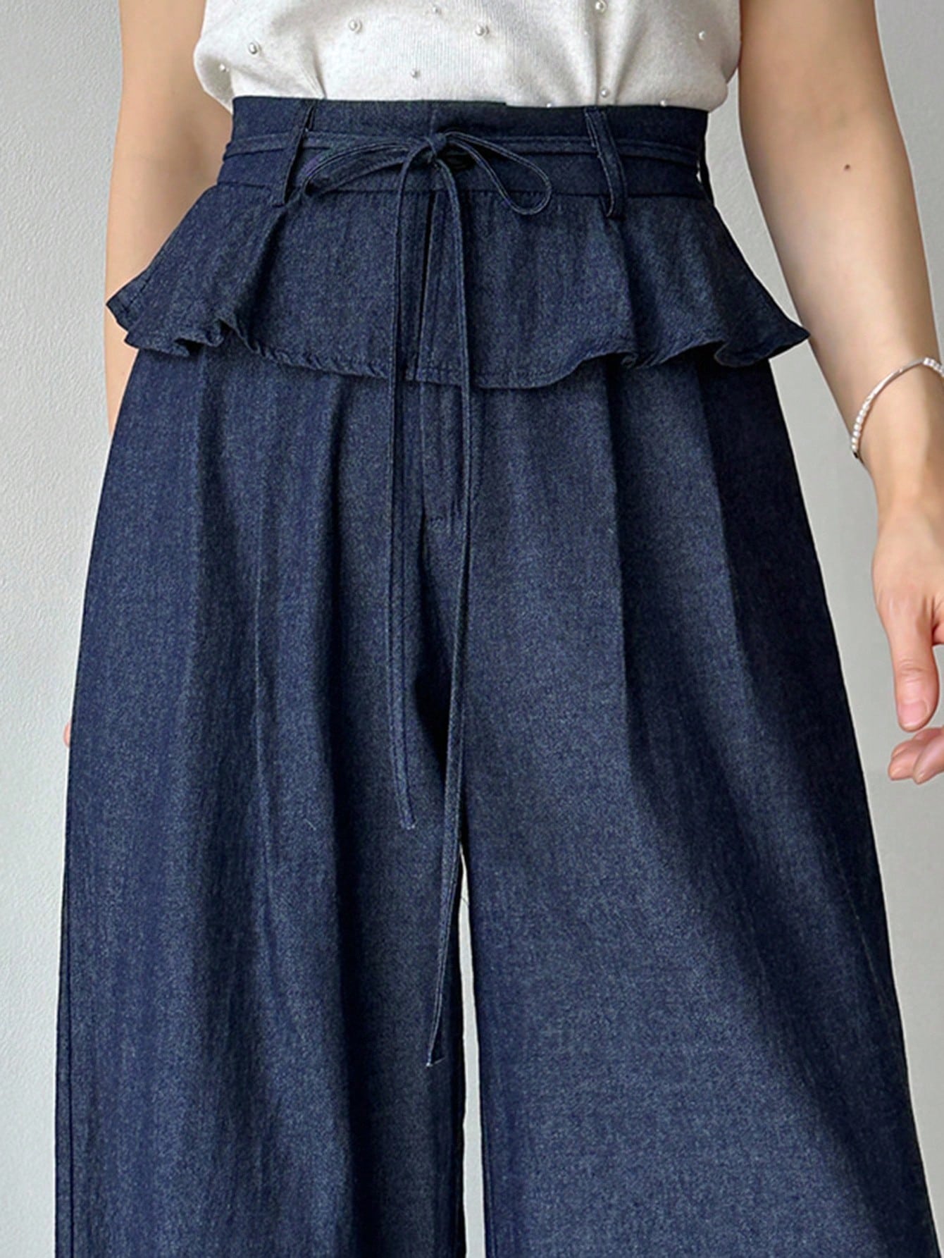CM-BS688995 Women Casual Seoul Style Dark Wash High Waist Pleated Ruffle Hem Loose Wide Leg Pants