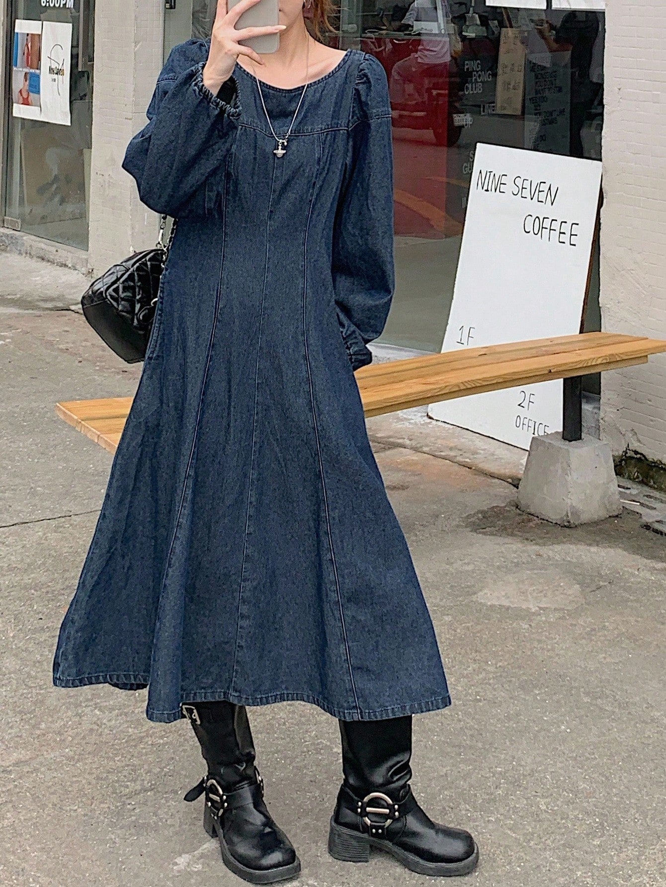CM-DS652353 Women Casual Seoul Style Solid Color Round Neck Long Sleeve Patchwork Denim Dress - Blue