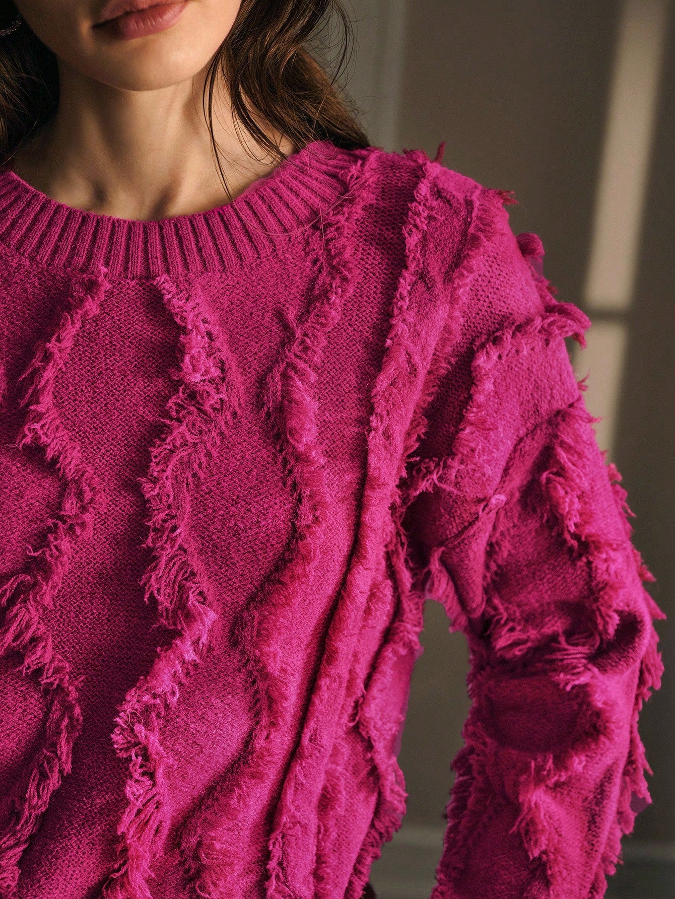 CM-CS740977 Women Elegant Seoul Style Fringe Round Neck Long Sleeve Pullover Sweater- Pink