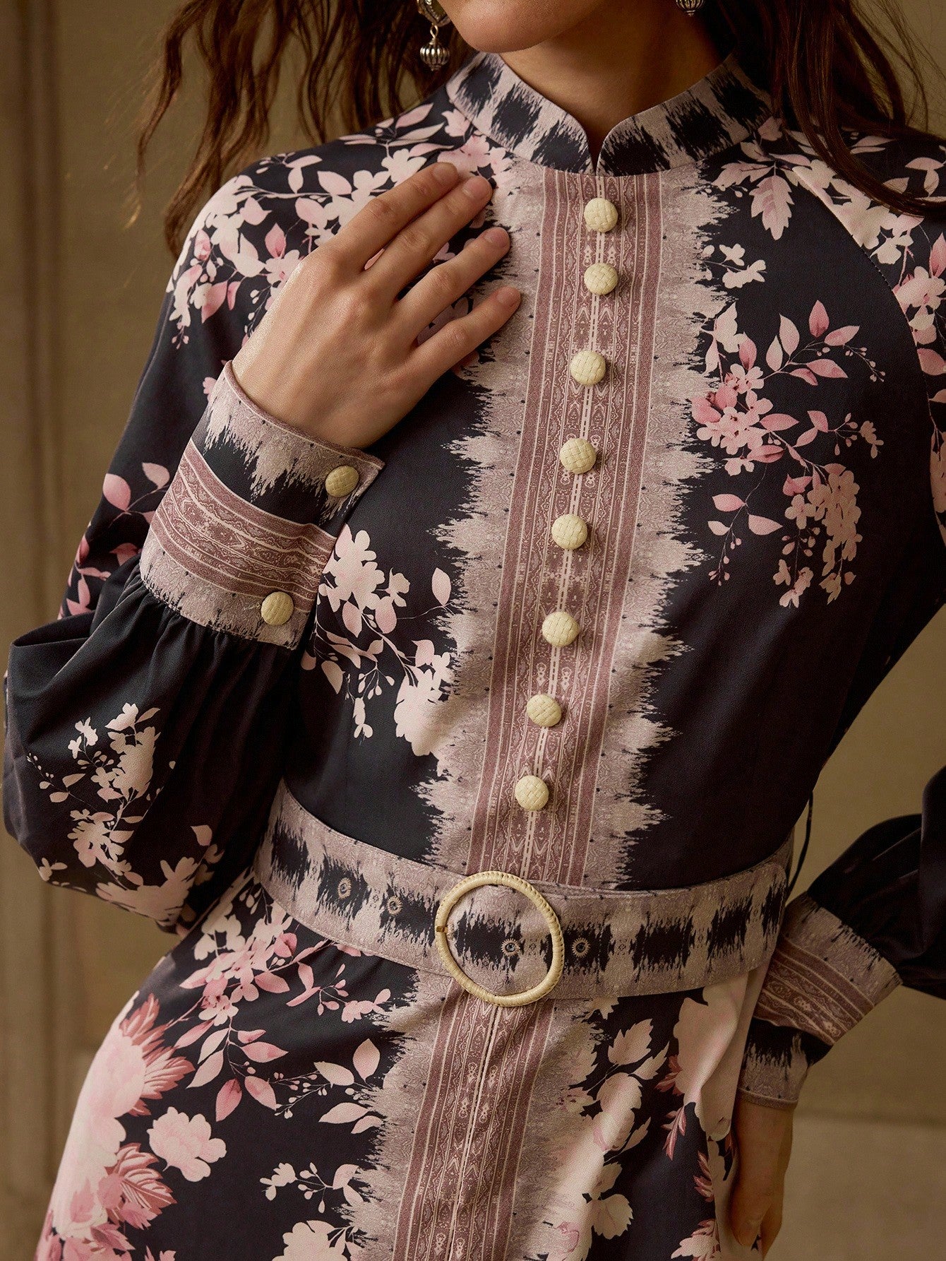 CM-DS618168 Women Elegant Seoul Style Floral Print Mock Neck Lantern Sleeve Buckle Belted Long Dress