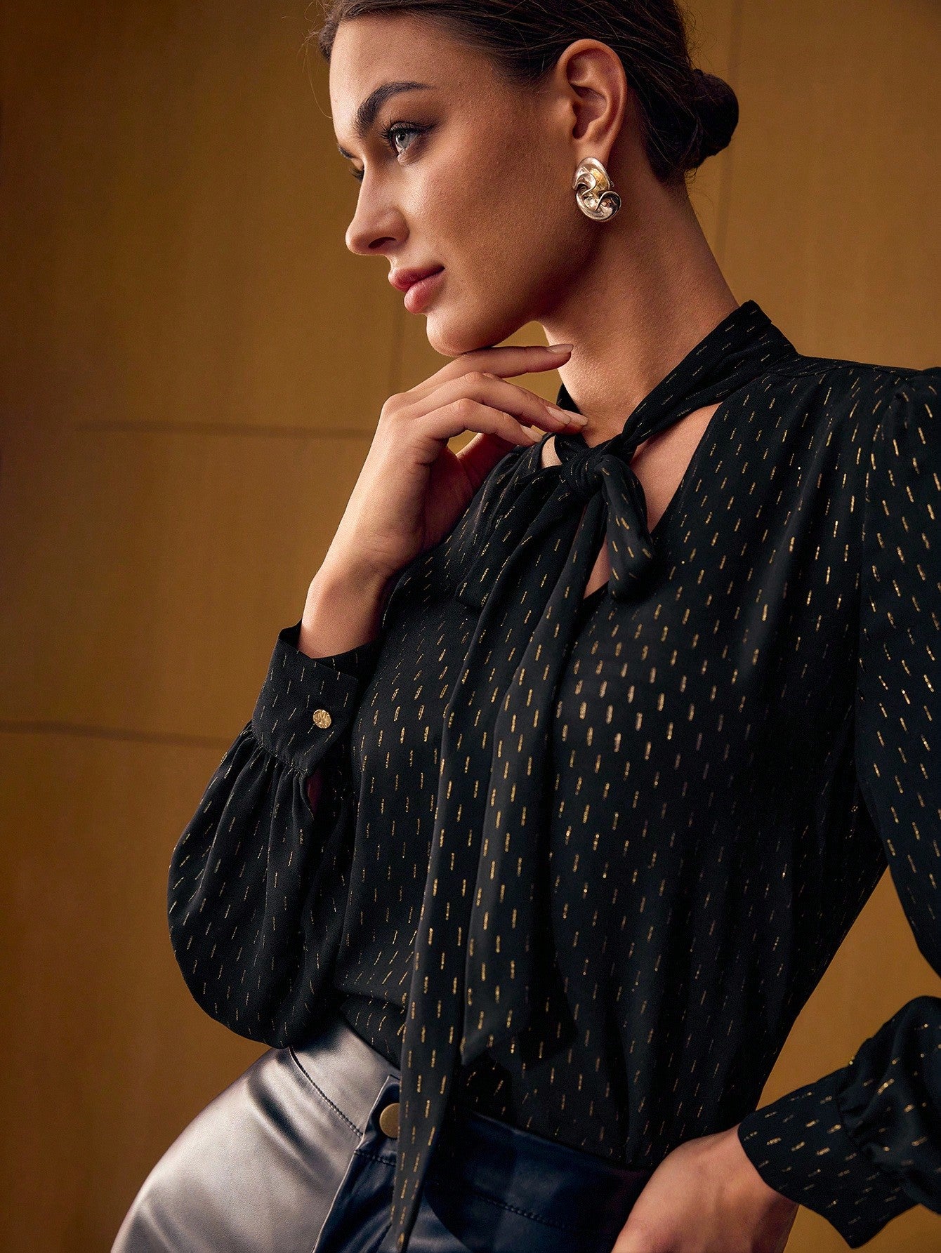 CM-TS271959 Women Elegant Seoul Style Allover Print Tie Neck Lantern Sleeve Blouse - Black