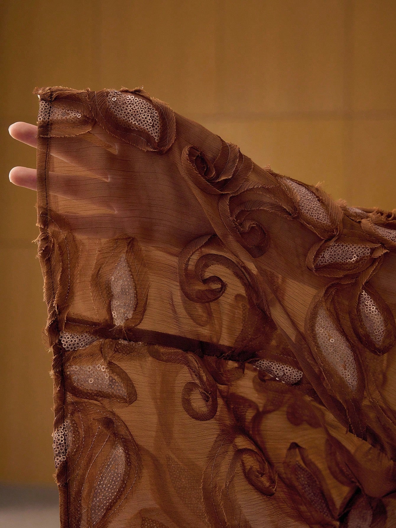 CM-TS455524 Women Elegant Seoul Style Tie Neck Long Sleeve Contrast Sequin Embroidery Blouse - Brown