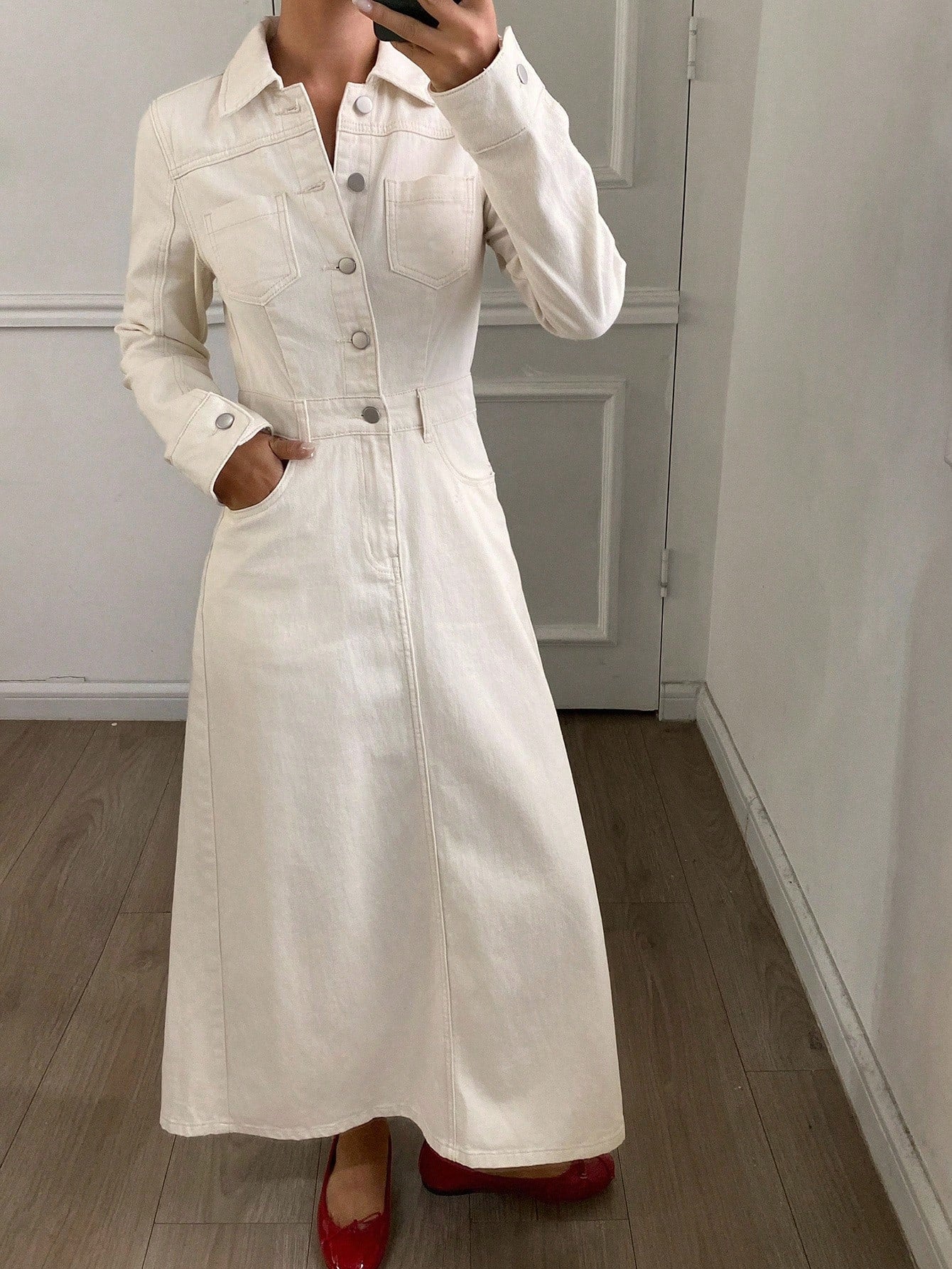 CM-DS821190 Women Casual Seoul Style Solid Color Collar Neckline Long Sleeve Pocket Denim Dress - Beige