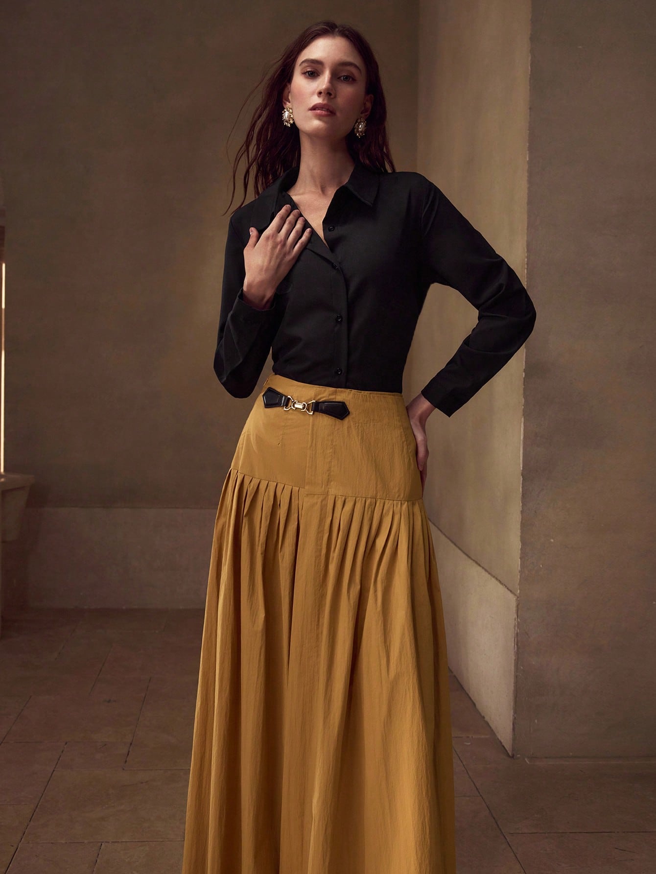 CM-BS309203 Women Elegant Seoul Style Mid Waist Buckle Button Front Flared Skirt - Yellow