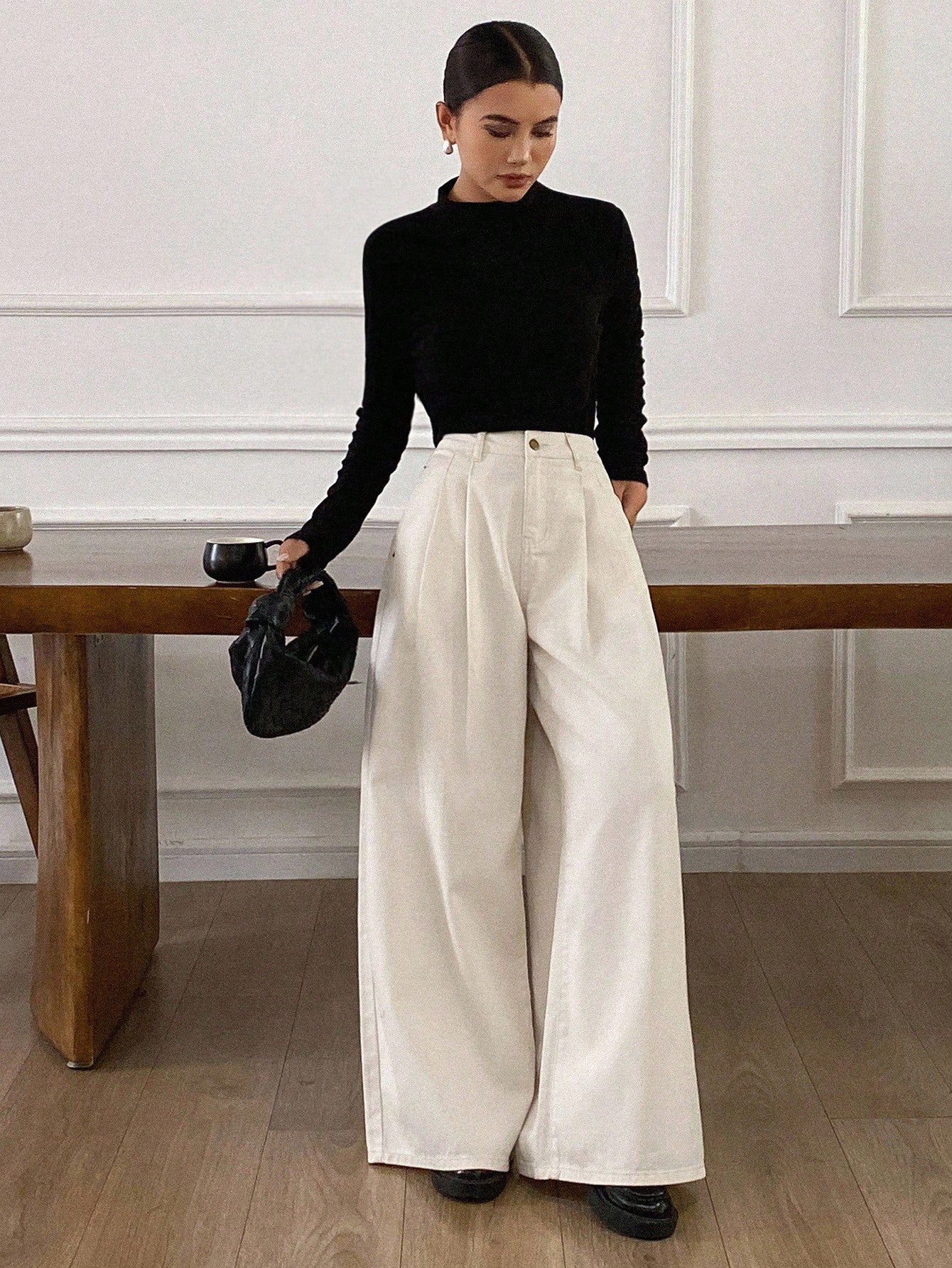 CM-BS292809 Women Casual Seoul Style High Waist Loose Wide-Leg Jeans - White