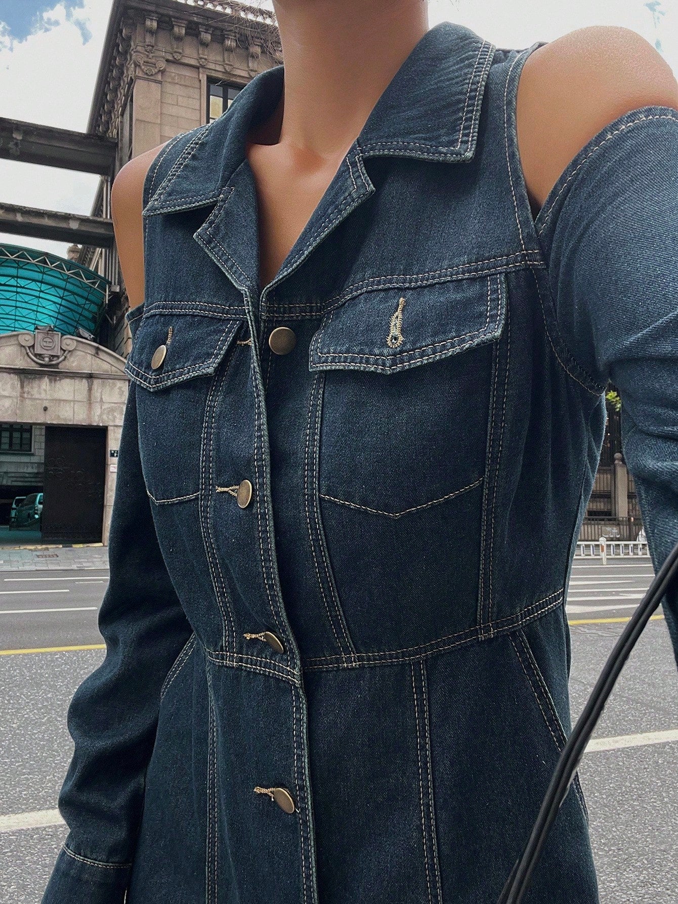 CM-DS399323 Women Casual Seoul Style Lapel Neckline Off-Shoulder High Waist Denim Dress - Blue