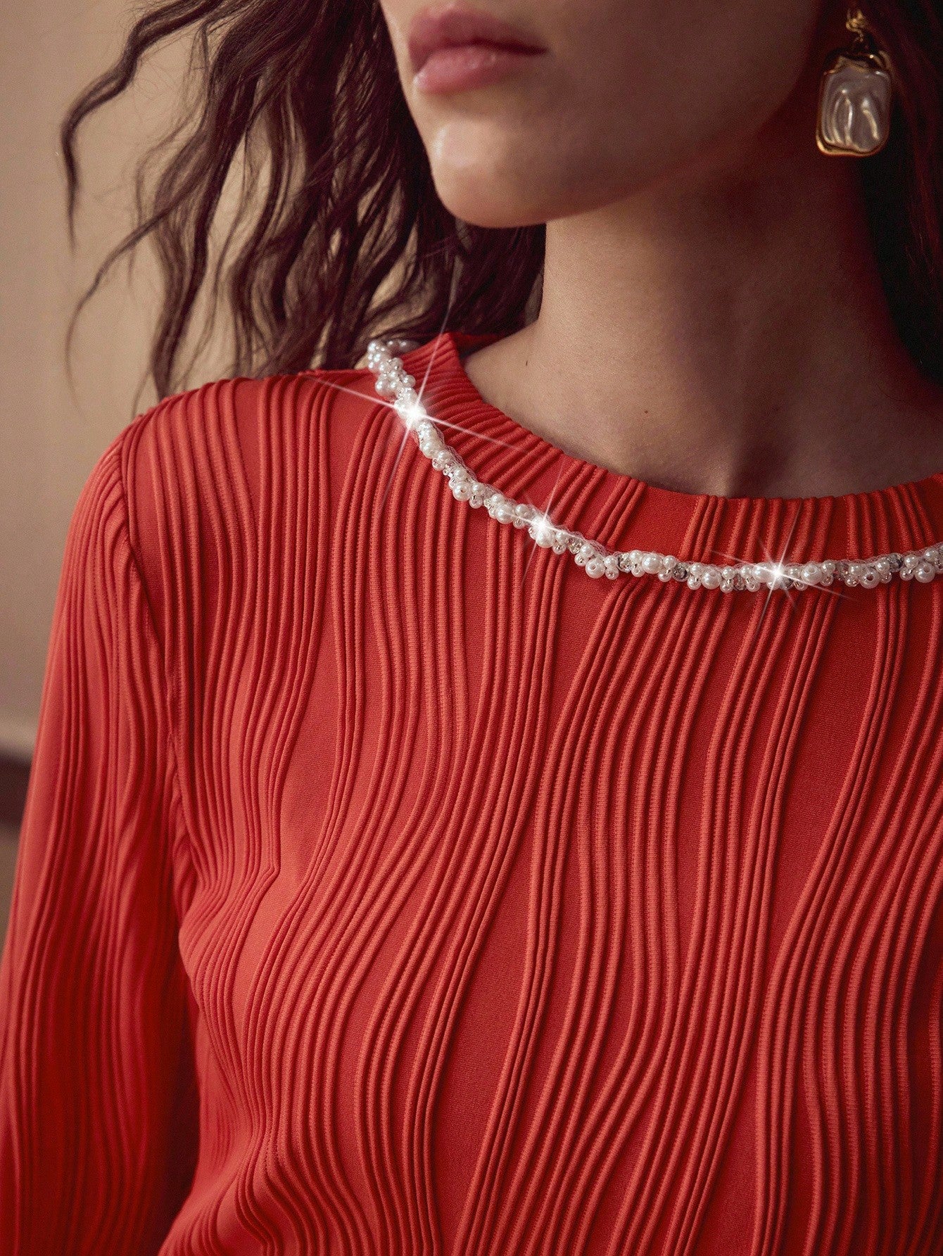 CM-TS454155 Women Elegant Seoul Style Round Neck Long Sleeve Faux Pearl Trim Slim Fit T-Shirt - Orange