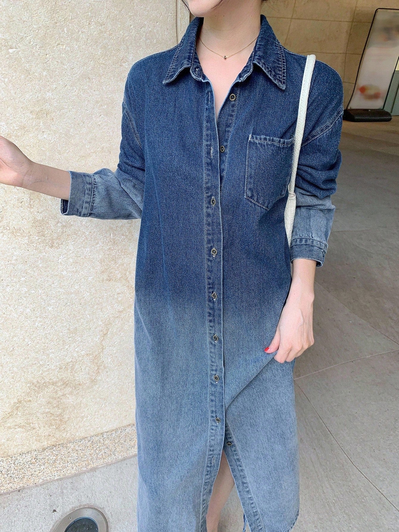 CM-DS377408 Women Casual Seoul Style Collar Neckline Long Sleeve Ombre Mid-Length Denim Shirt Dress