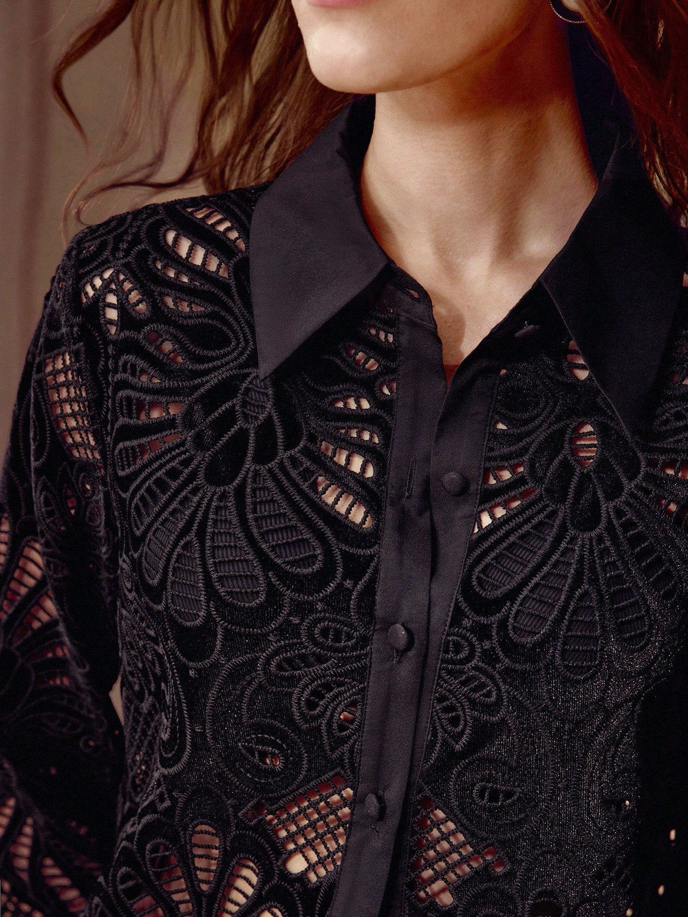 CM-TS641178 Women Elegant Seoul Style Collar Neckline Long Sleeve Hollow Embroidered Blouse - Black