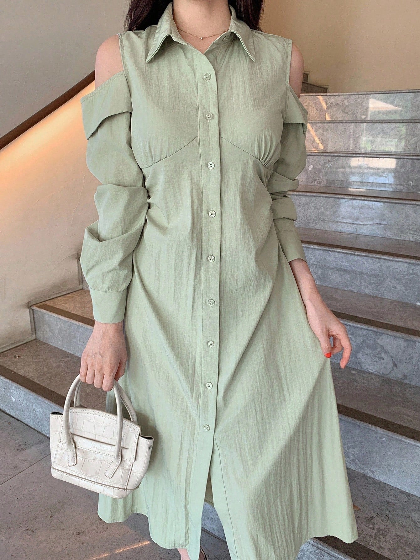 CM-DS858988 Women Casual Seoul Style Solid Color Off-Shoulder Pleated Midi Dress - Green