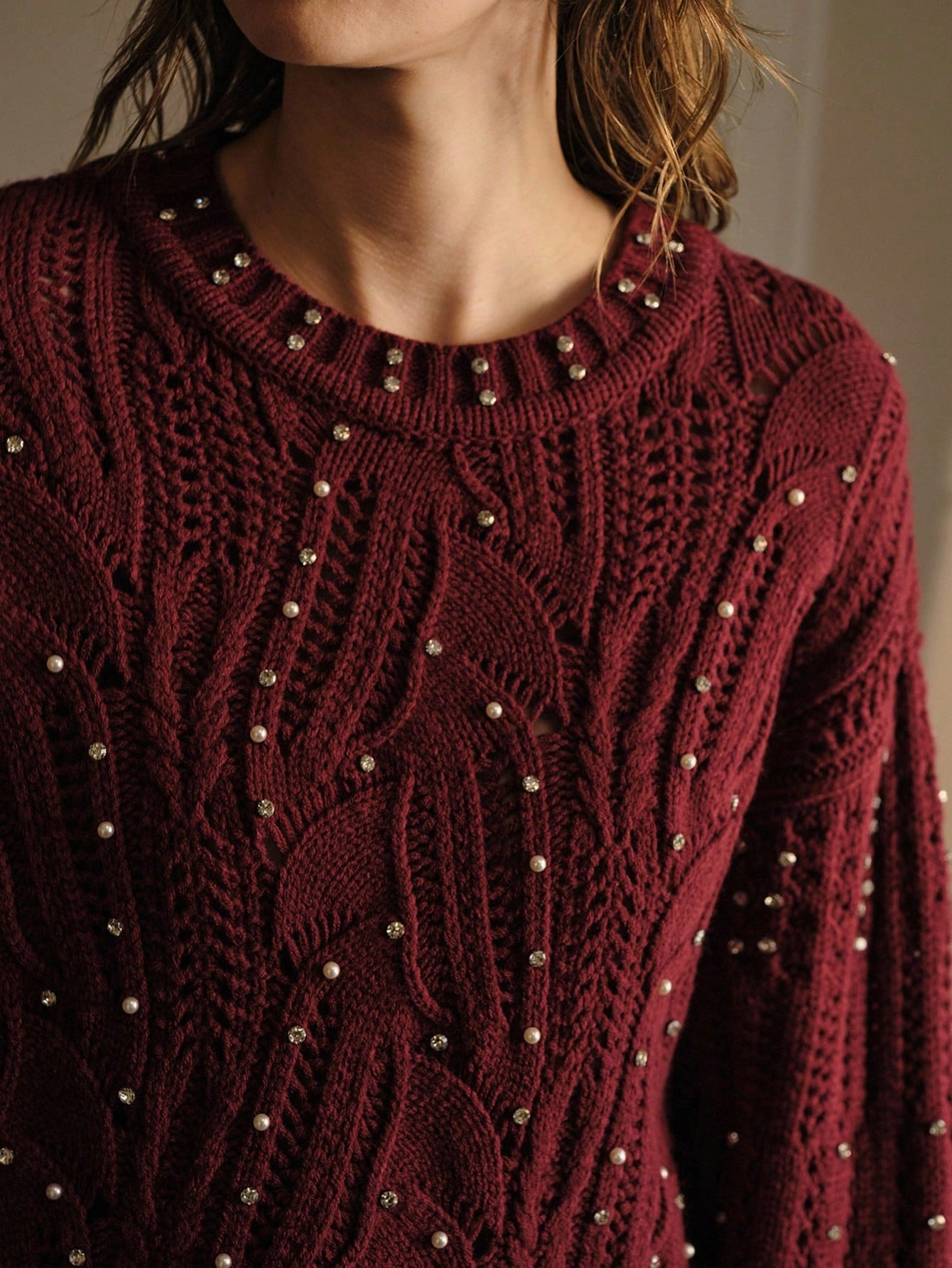 CM-CS885433 Women Elegant Seoul Style Round Neck Rhinestone Detail Drop Shoulder Oversized Sweater