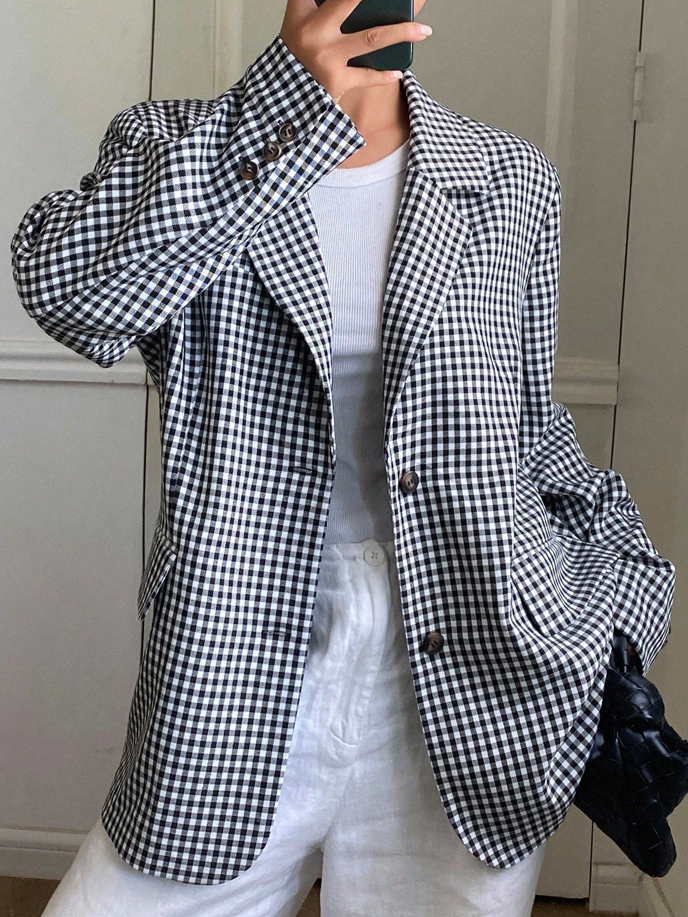 CM-CS721487 Women Casual Seoul Style Plaid Lapel Collar Long Sleeve Loose Fit Jacket - Black