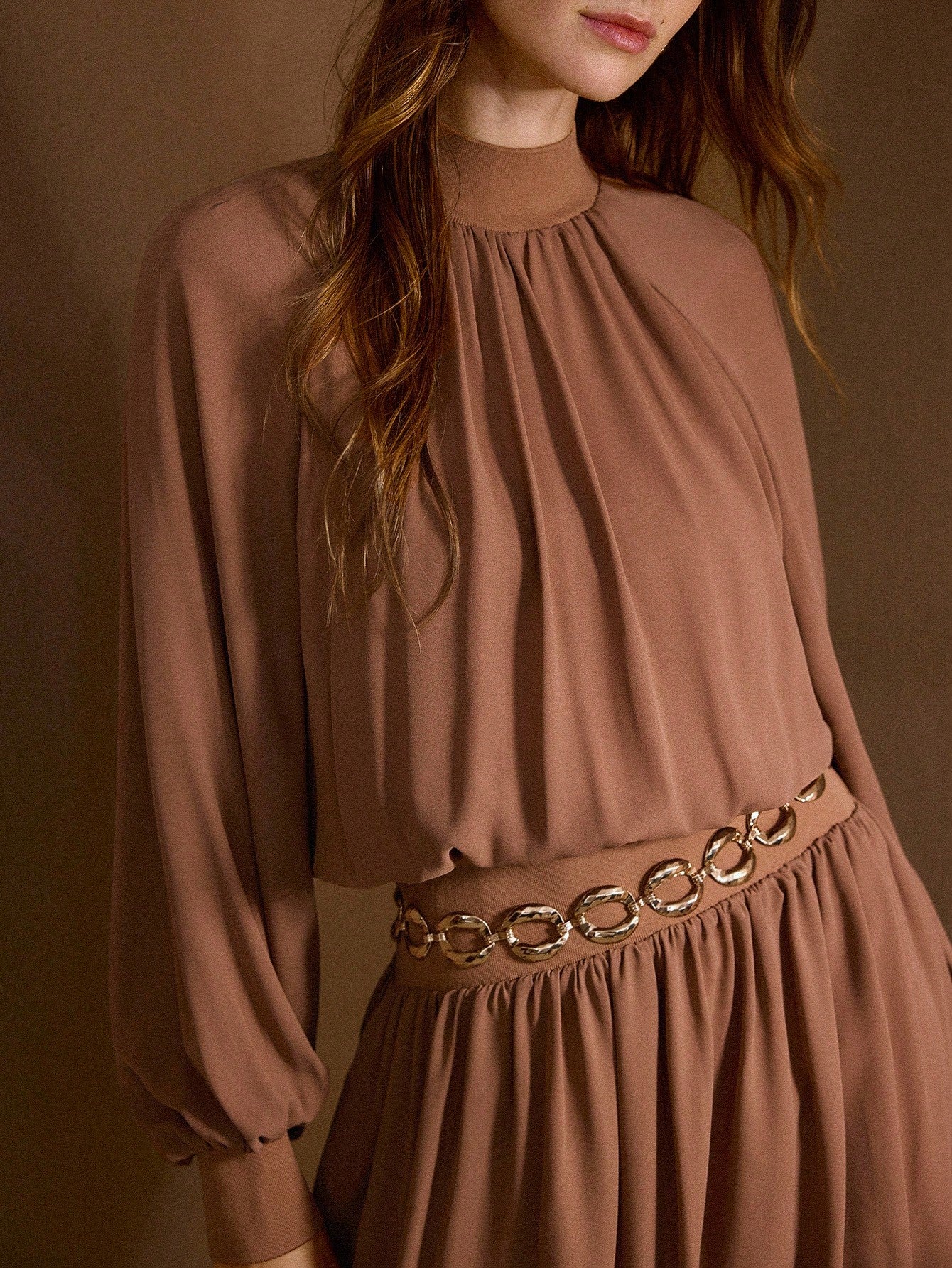 CM-DS023237 Women Elegant Seoul Style Stand Collar Bishop Sleeve Gathered Puffball Hem Dress - Brown