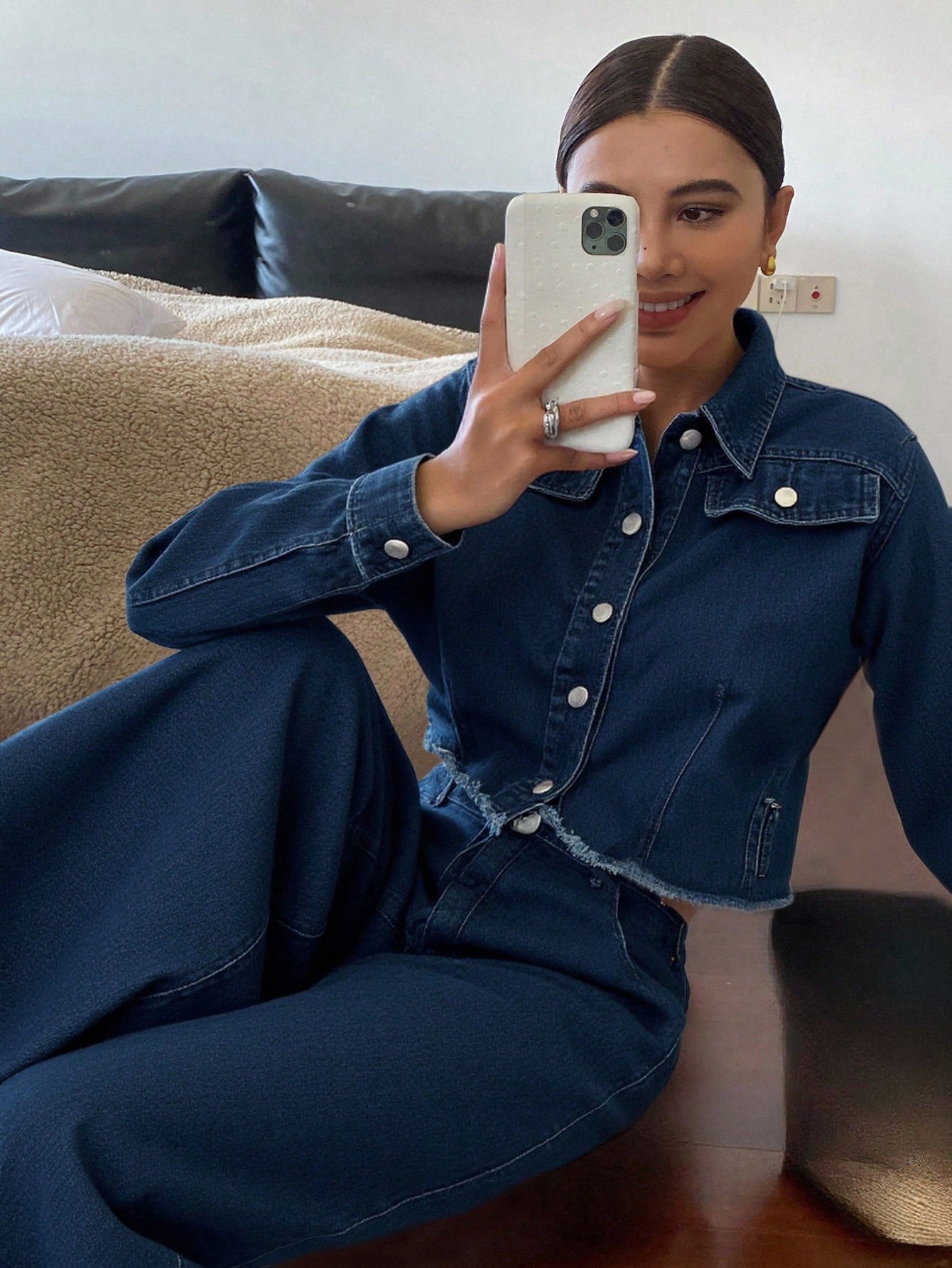 CM-SS052195 Women Casual Seoul Style Collar Neckline Long Sleeve Short Denim Jacket With Straight Leg Wide Pants - Set