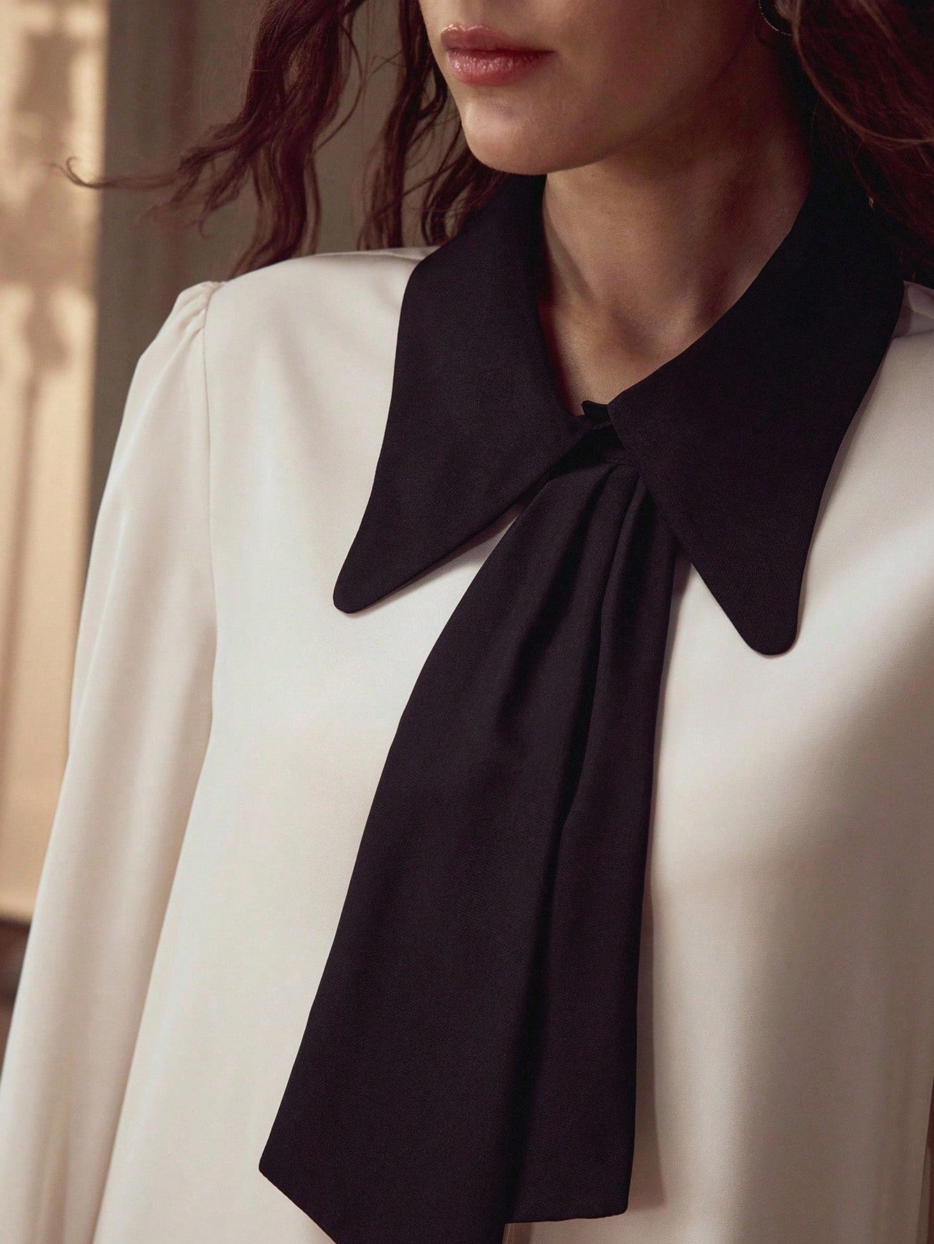 CM-TS935169 Women Elegant Seoul Style Collar Neckline Long Sleeve Colorblock Bow Detail Blouse - Apricot