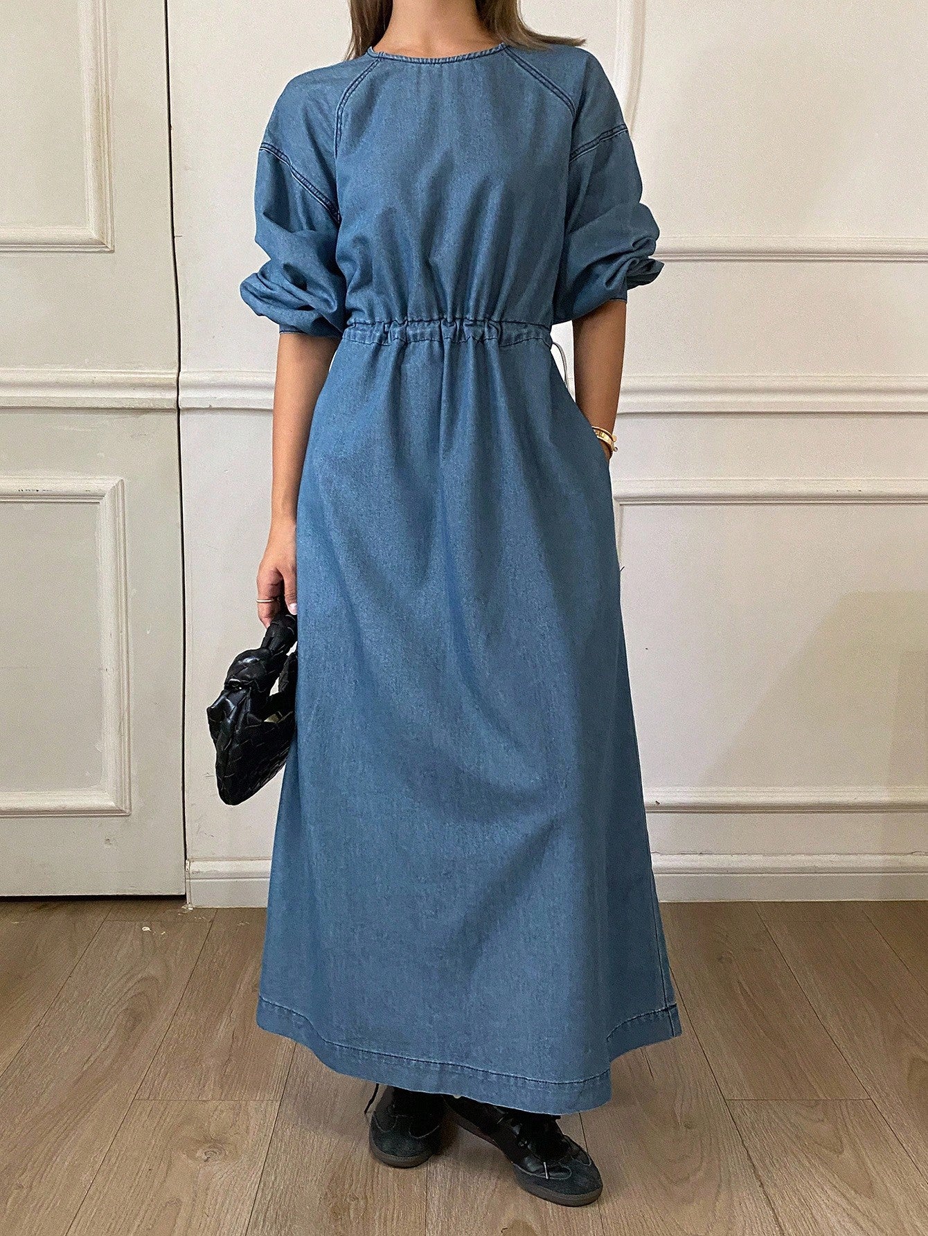 CM-DS793282 Women Casual Soeul Style Round Neck Long Sleeve Cinched Waist Denim Dress - Blue