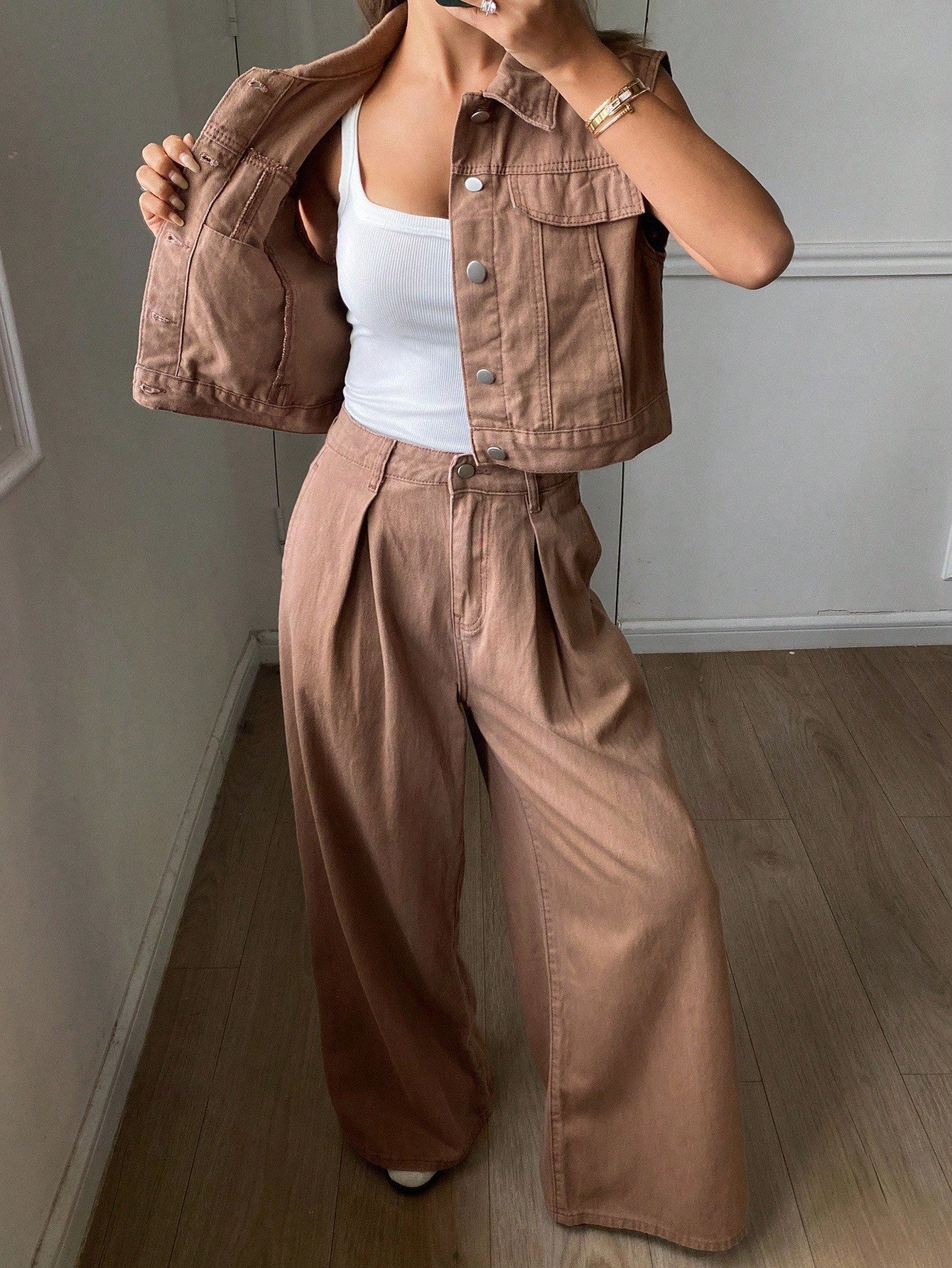 CM-SS263252 Women Casual Seoul Style Collar Neckline Sleeveless Denim Vest With Wide Leg Pants - Set